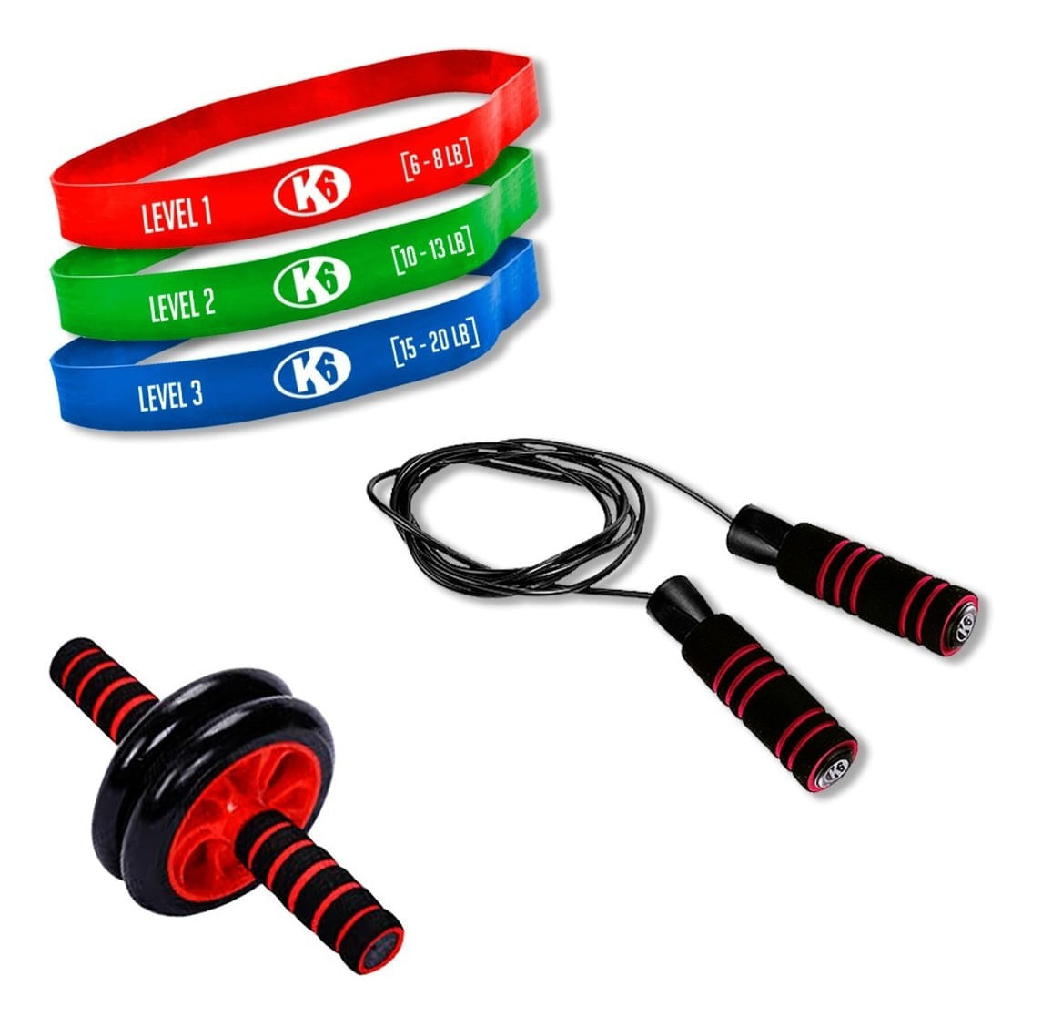 Set de 3 Bandas Elásticas + Lazo De Saltar + Rueda Abdominal K6