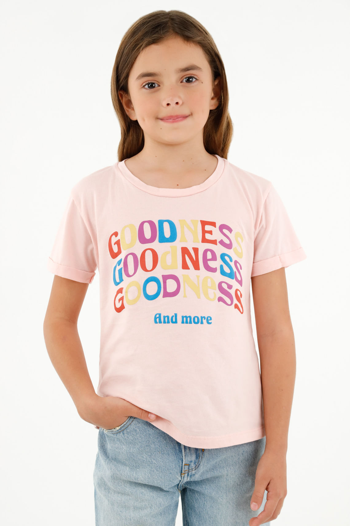 Camiseta básica rosada estampada para niña