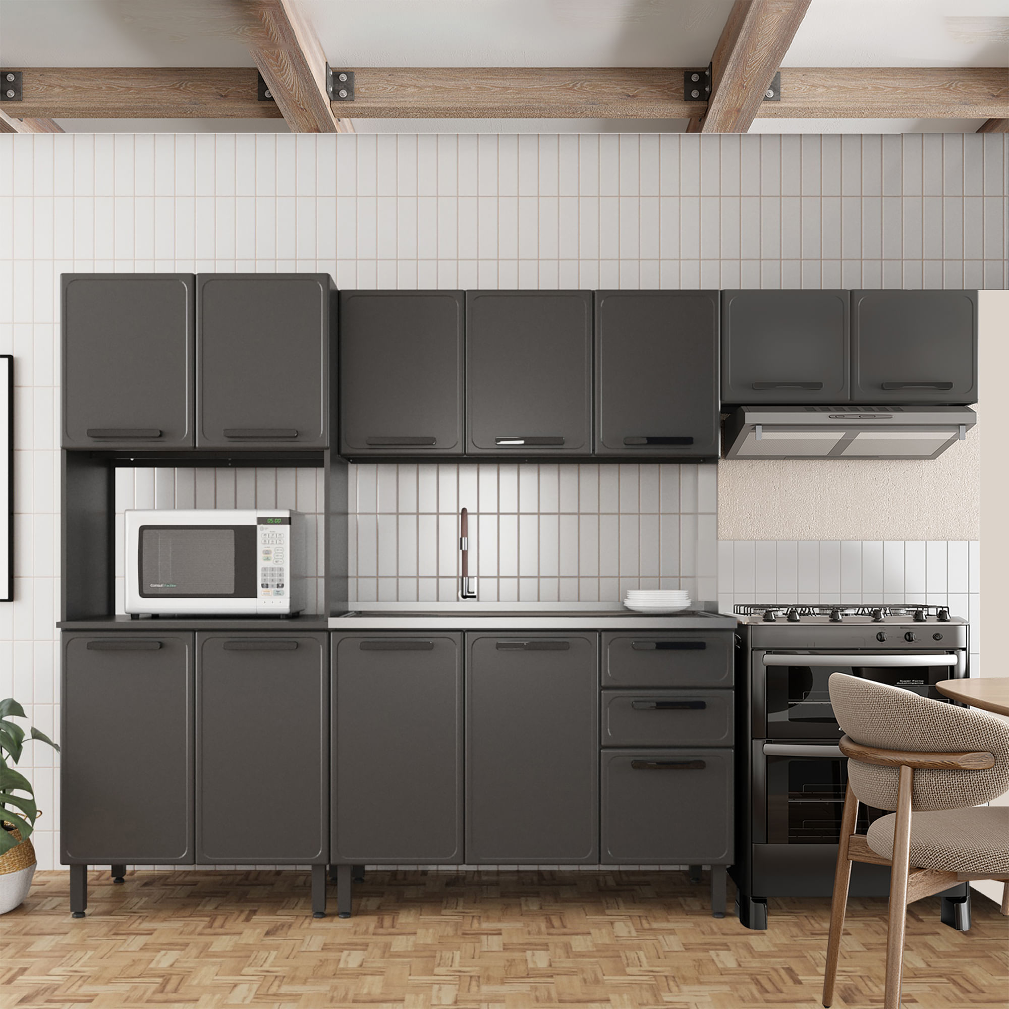 Cocina Integral en ACERO 280cm sin vidriosincluye lavaplatos central Gris
