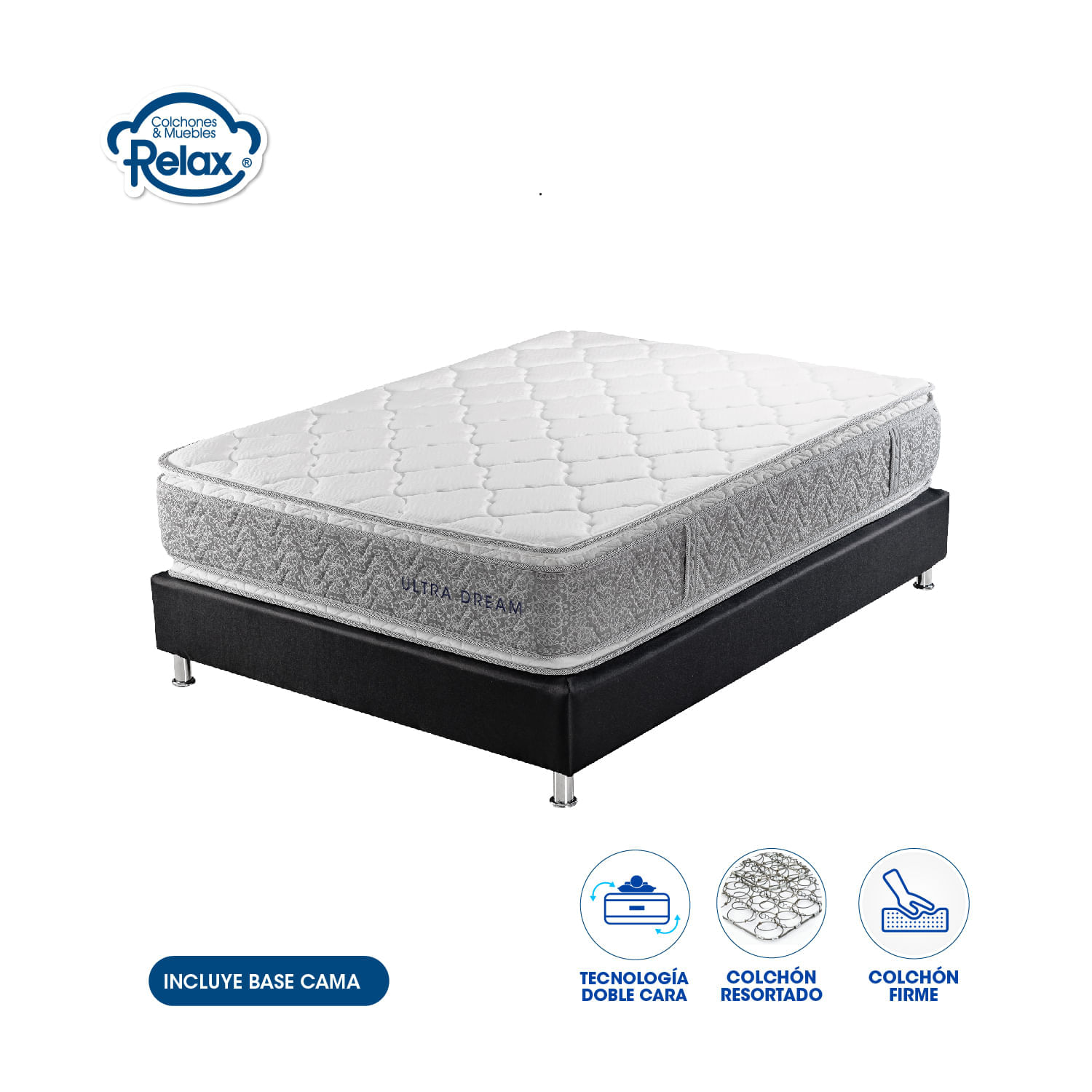 Colchón King Con Base Cama Ultra Dream Colchones Relax 200x200x32cm Ortopédico Resortado Firme