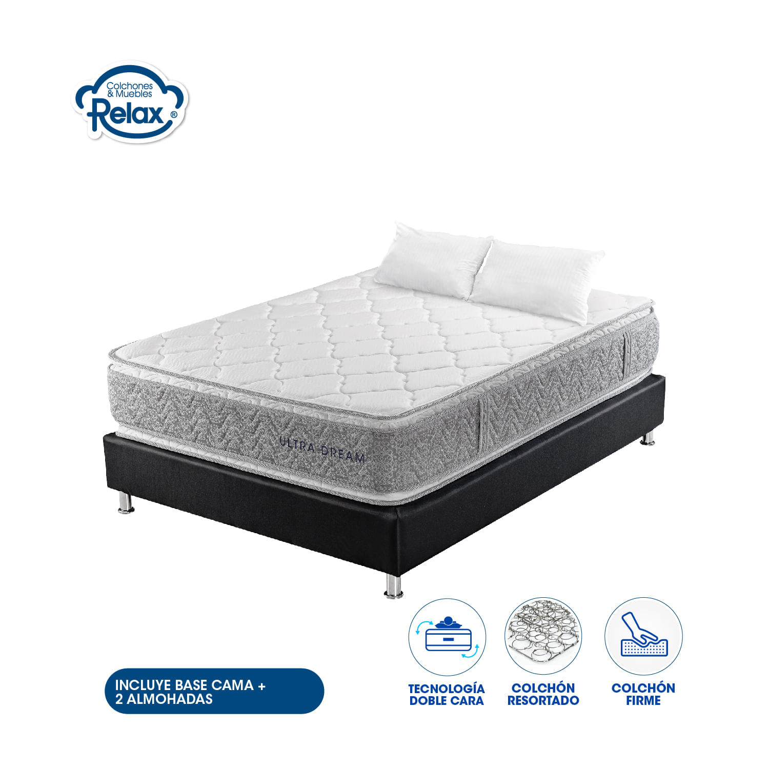 Colchón King Con Base Cama Ultra Dream Colchones Relax 200x200x32cm Ortopédico Resortado Firme + 2 Almohadas
