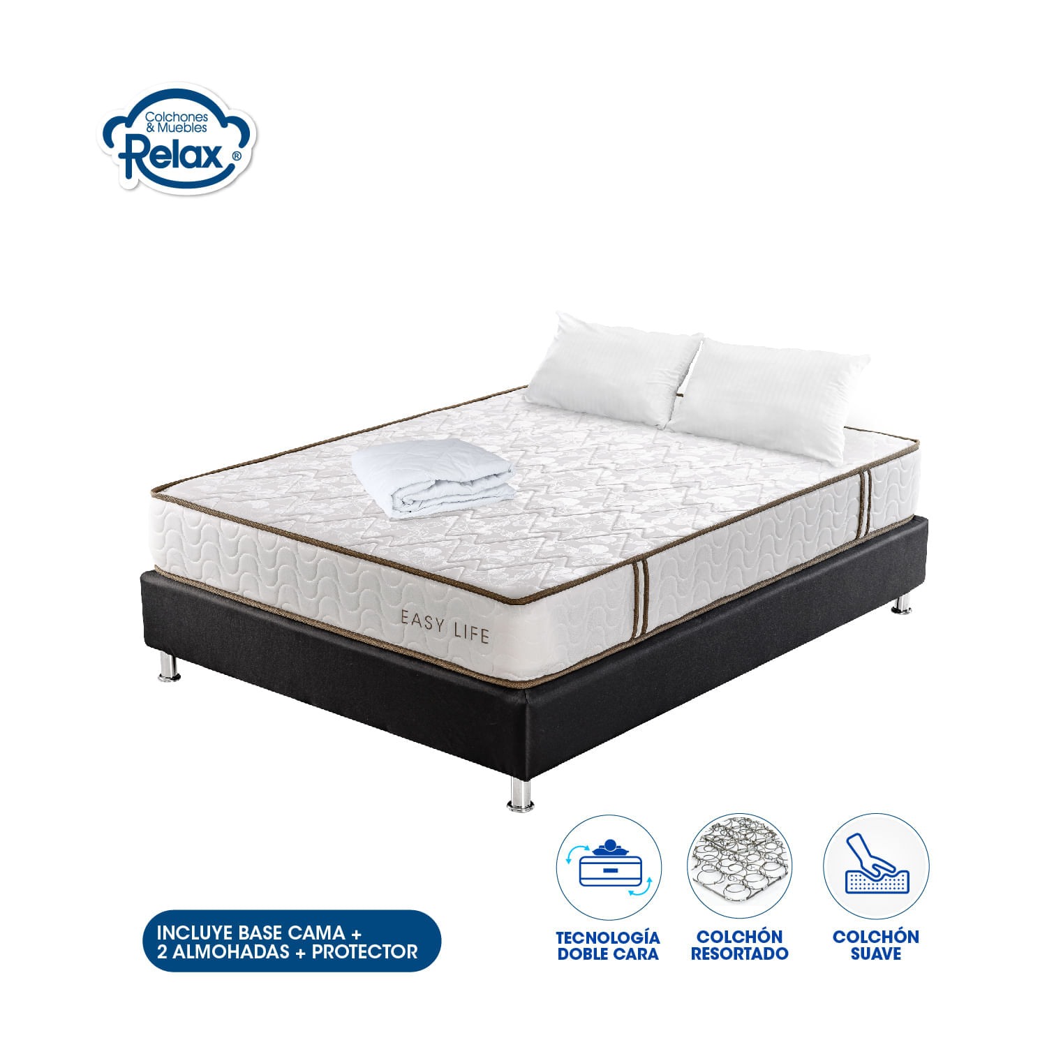 Colchón Doble con Base Cama Easy Life Colchones Relax 140x190x22cm Ortopédico Resortado Firmeza Suave + 2 Almohadas + 1 Protector