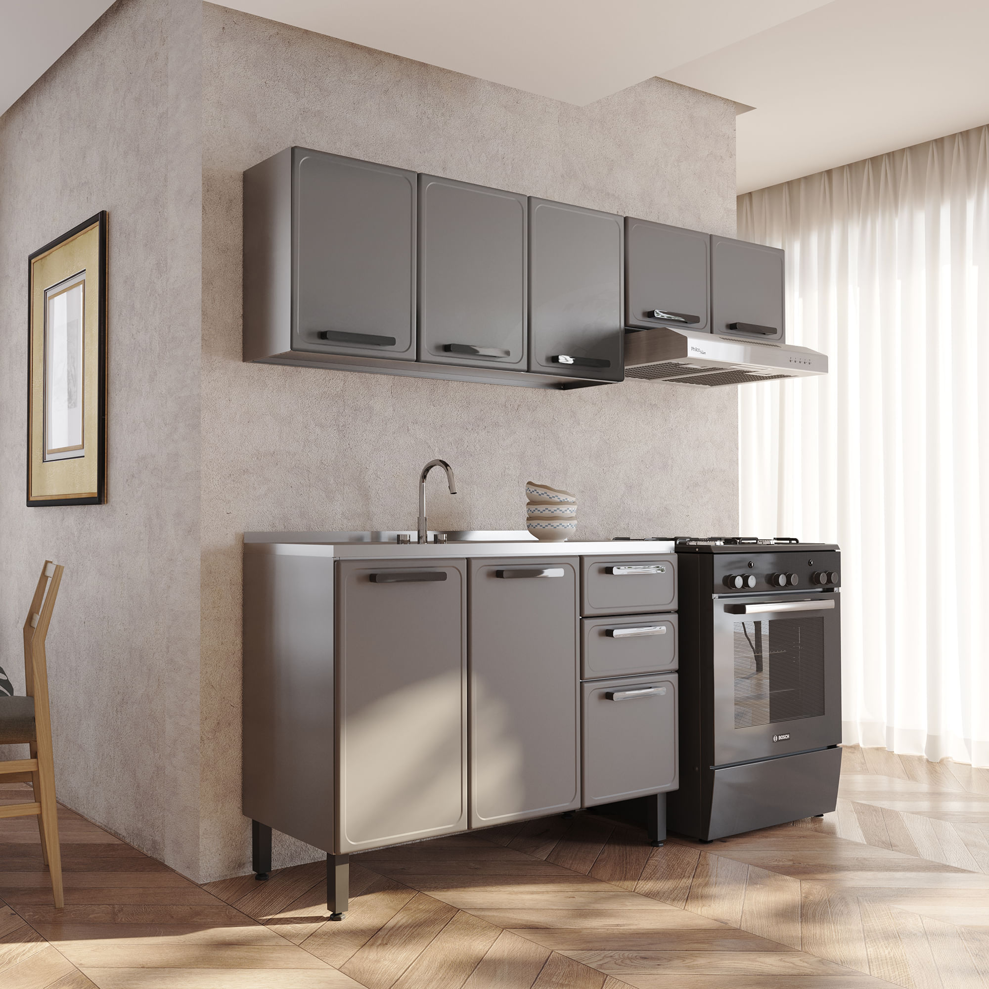 Cocina Integral sin vidrios en ACERO 200cm incluye lavaplatos central Gris grafito