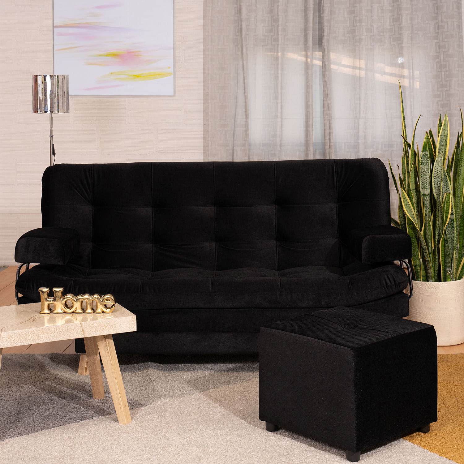Sofá Cama Valencia Negro 3 PTOS 180x84x85 + Puff