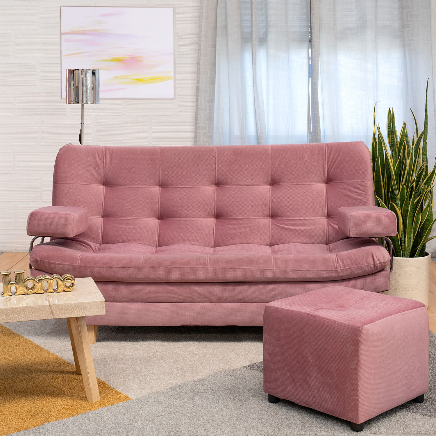 Sofá Cama Valencia Rosa 3 PTOS 180x84x85 + Puff