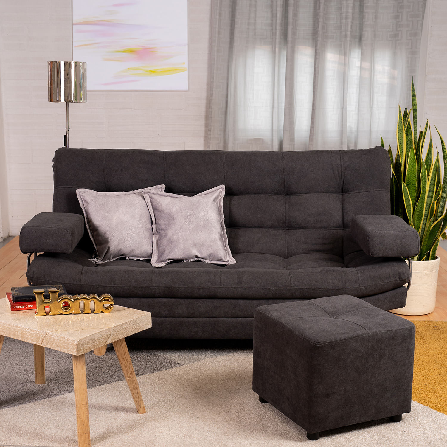 Sofá Cama Valencia Gris 3 PTOS 180x84x85 + Puff
