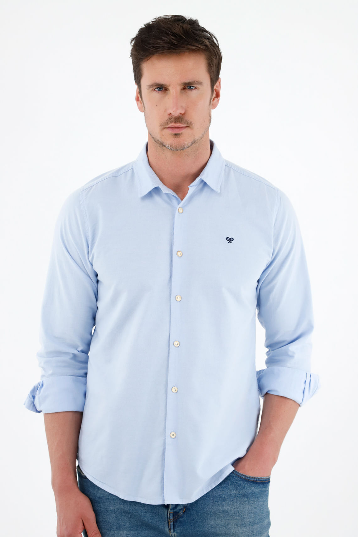 Camisa azul manga larga para hombre