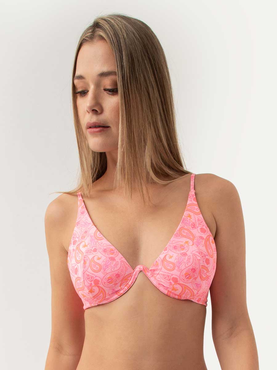 Top de Baño Triangular Estampado Fucsia
