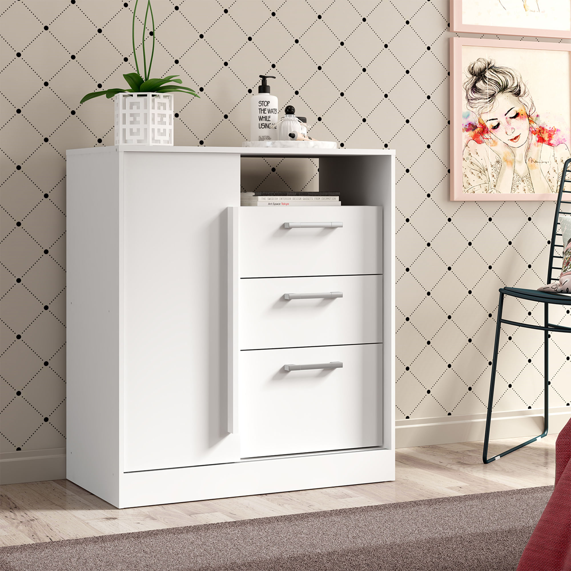Comoda cajonera 80 cm en MDP 3 Cajones 1 puerta Blanco