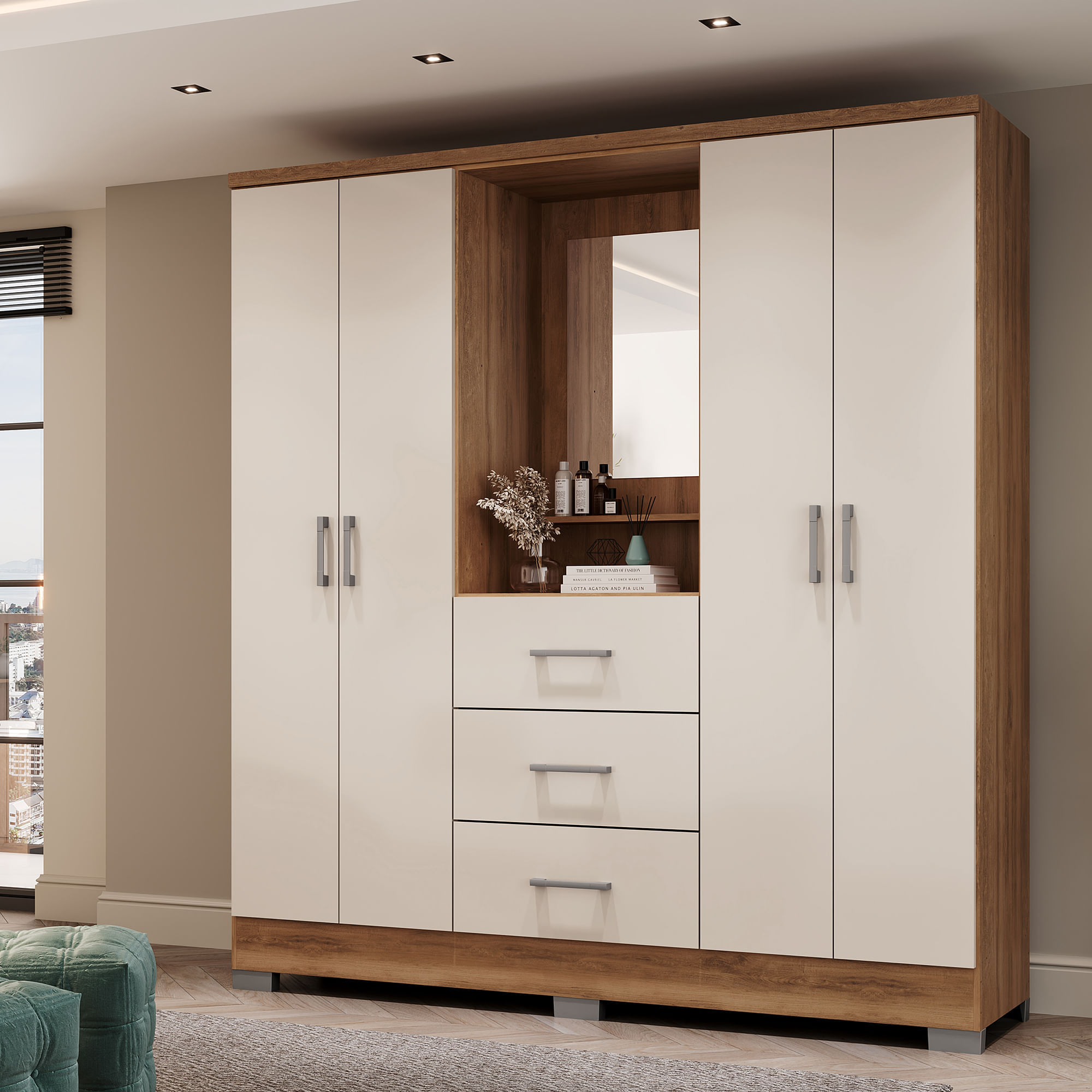 Closet armario 160cm 4 puertas 3 cajones en MDP Freijo con beige