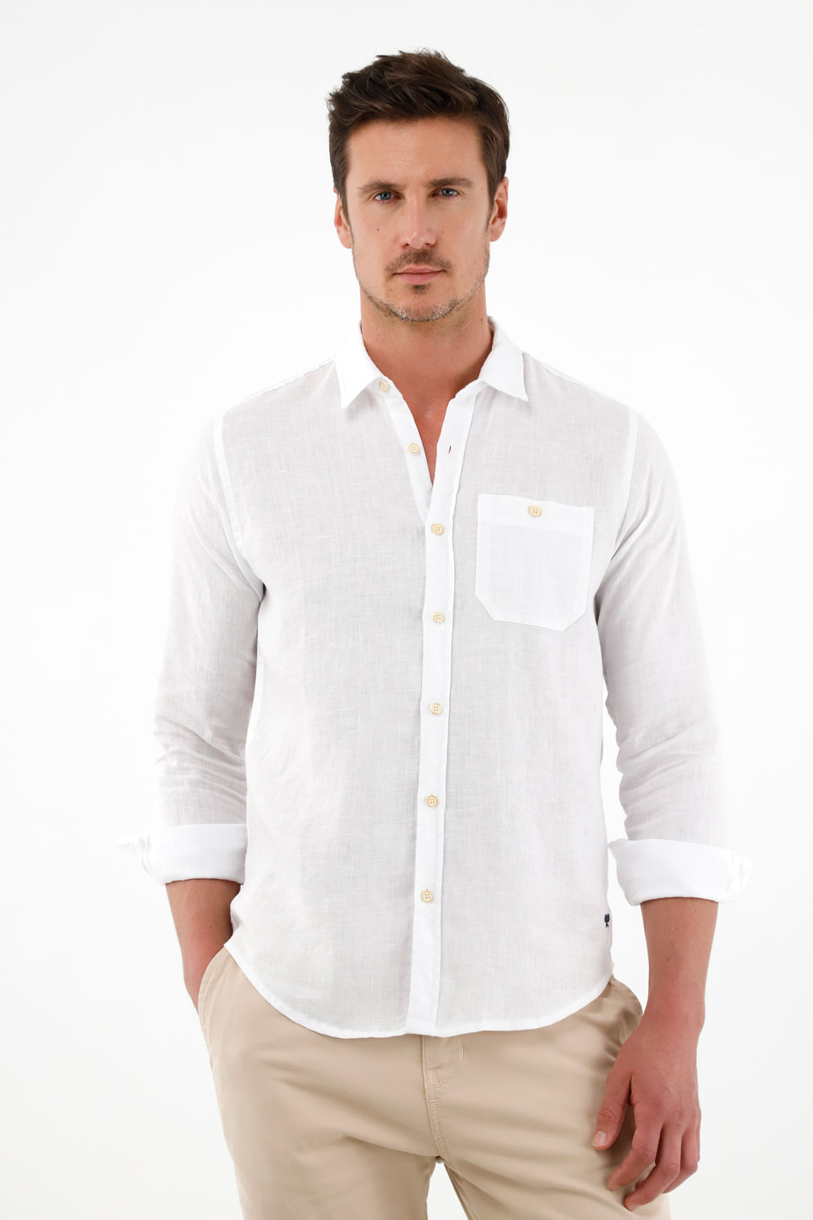 Camisa manga larga blanca 100% lino para hombre