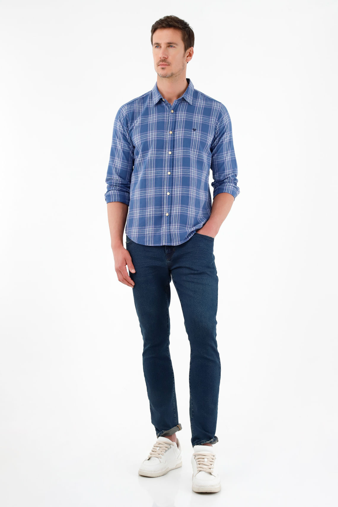 Camisa con diseño a cuadros azul para hombre