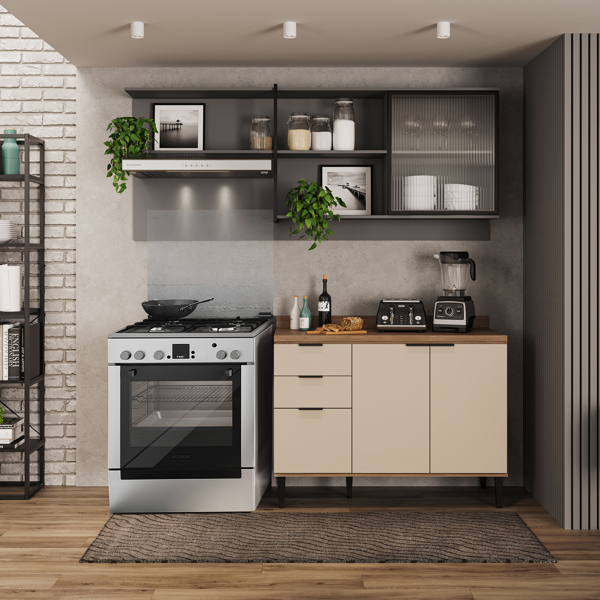 Cocina Integral en MDP 200cm con meson en MDP 4 puertas Beige con gris