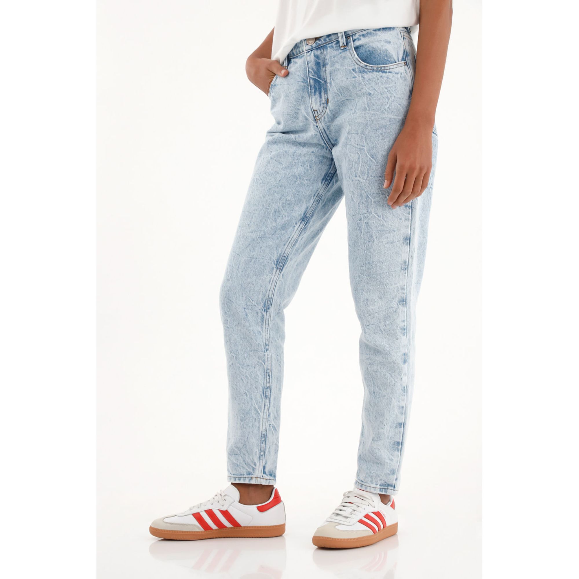 Jean Mom tiro alto tono medio claro para mujer