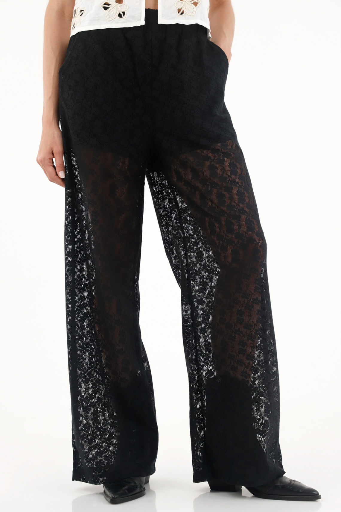 Pantalón Recto negro en encaje para mujer