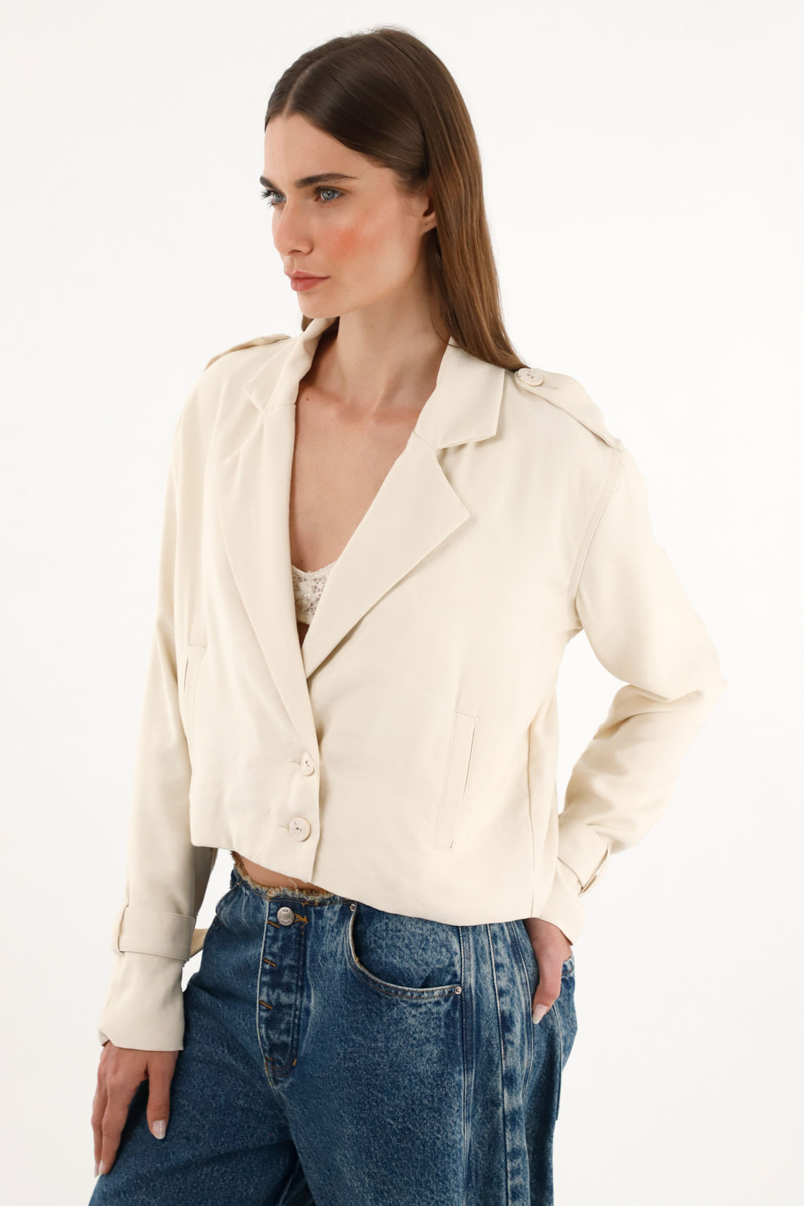 Abrigo tipo Biker crop top crudo para mujer