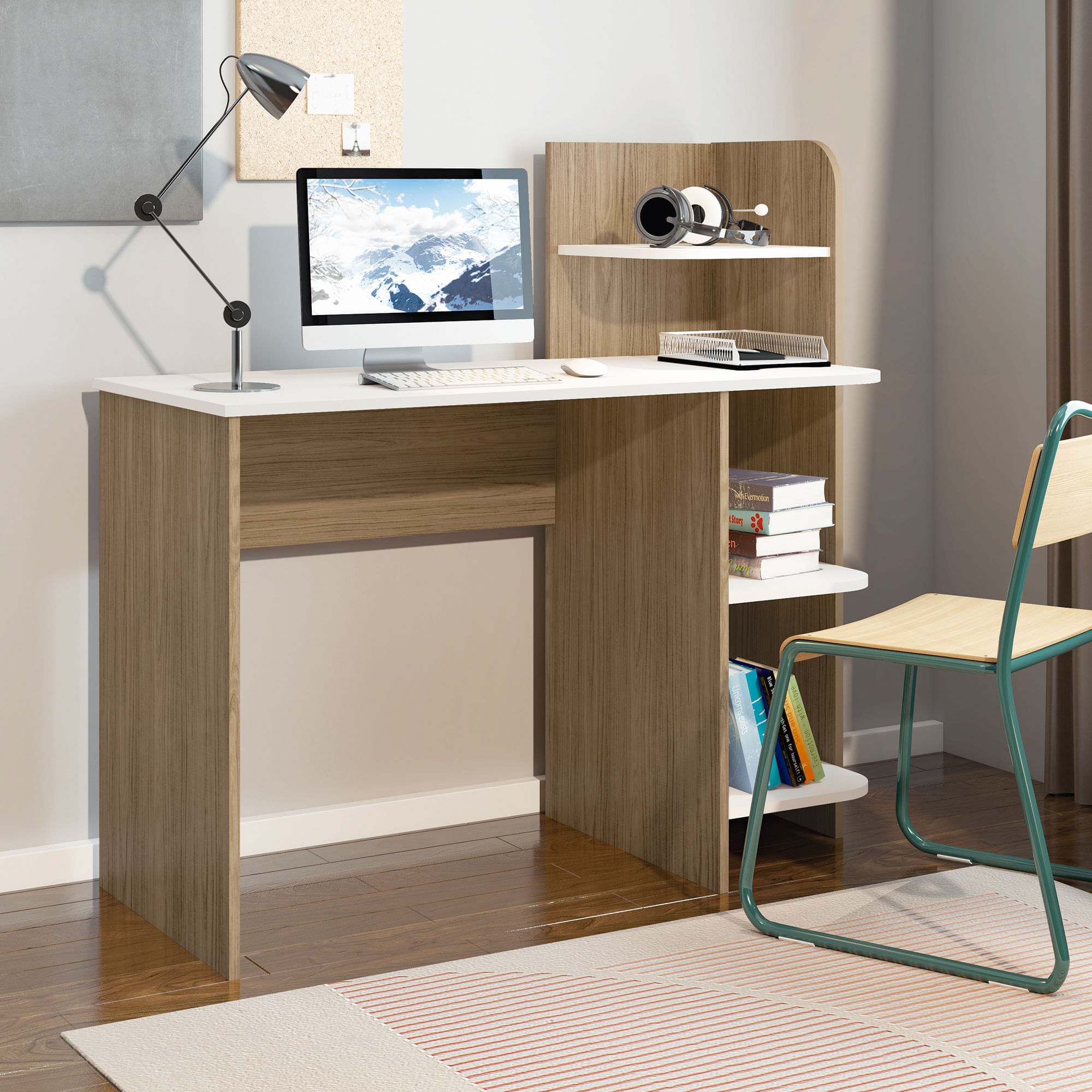 Escritorio Link en MDP 110x111cm 3 estantes Roble con Blanco