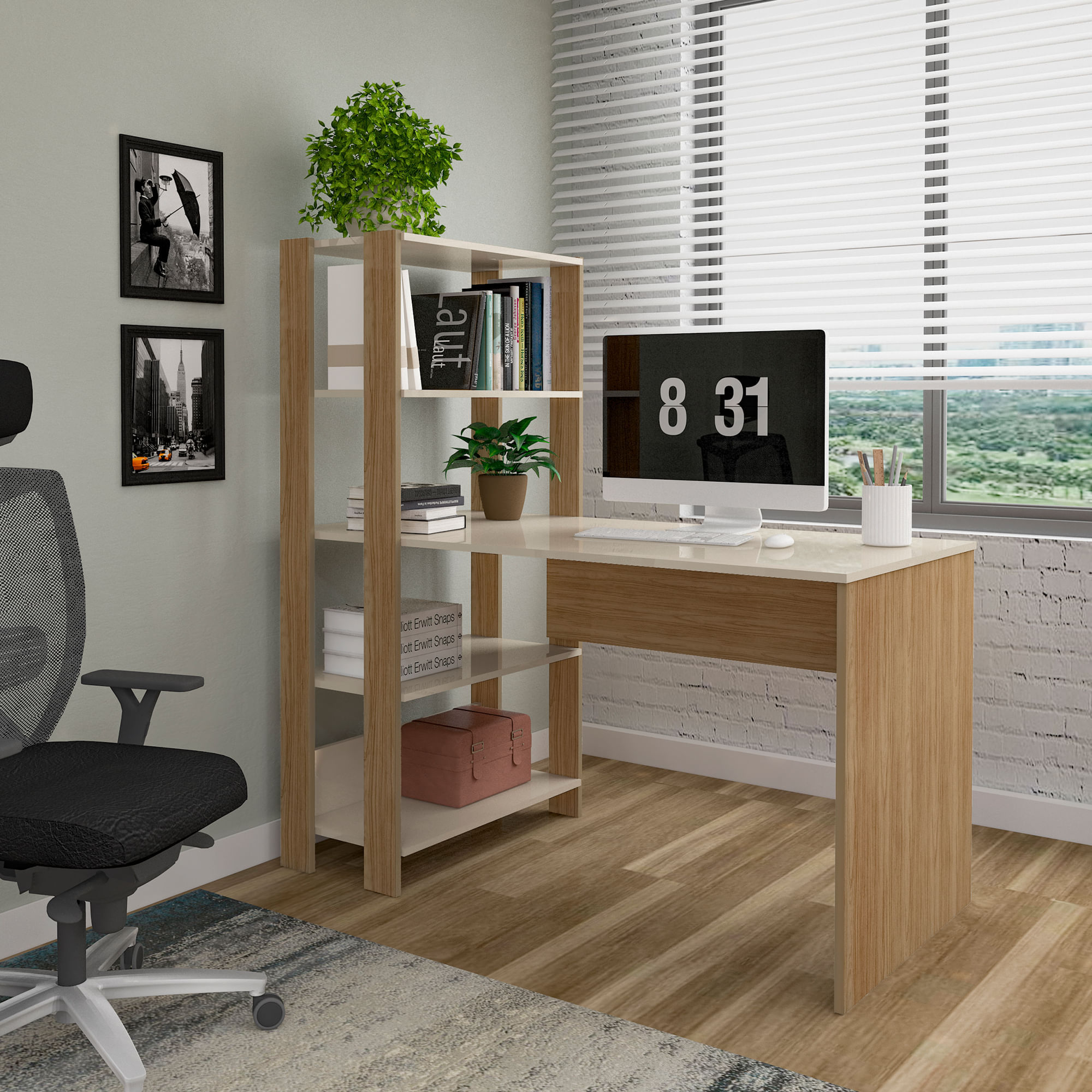 Escritorio Match con biblioteca  en MDP 134x120cm 3 estante Off White/ Roble
