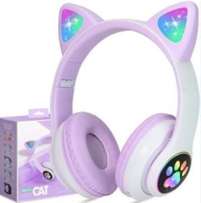 Audifonos Diadema Orejas De Gato Bluetooth Mic Y Luces Morado