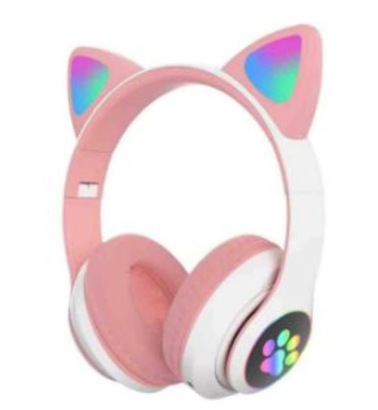 Audifonos Diadema Orejas De Gato Bluetooth Mic Y Luces Rosado