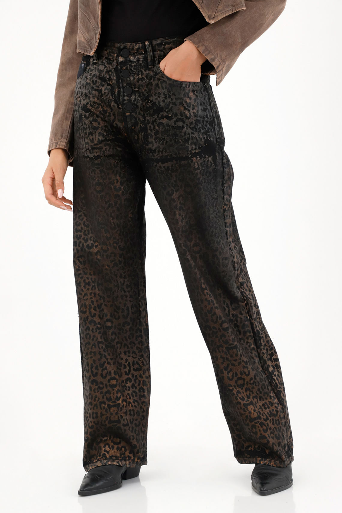 Jean Wide Leg tiro alto con diseño a láser animal print para mujer