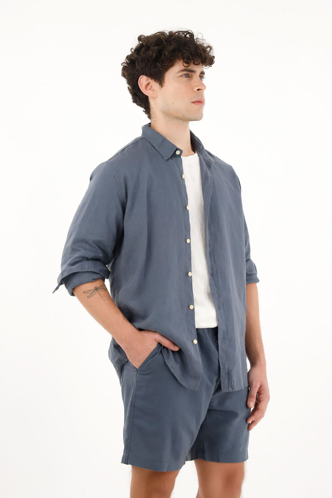 Camisa azul manga larga 100% lino para hombre