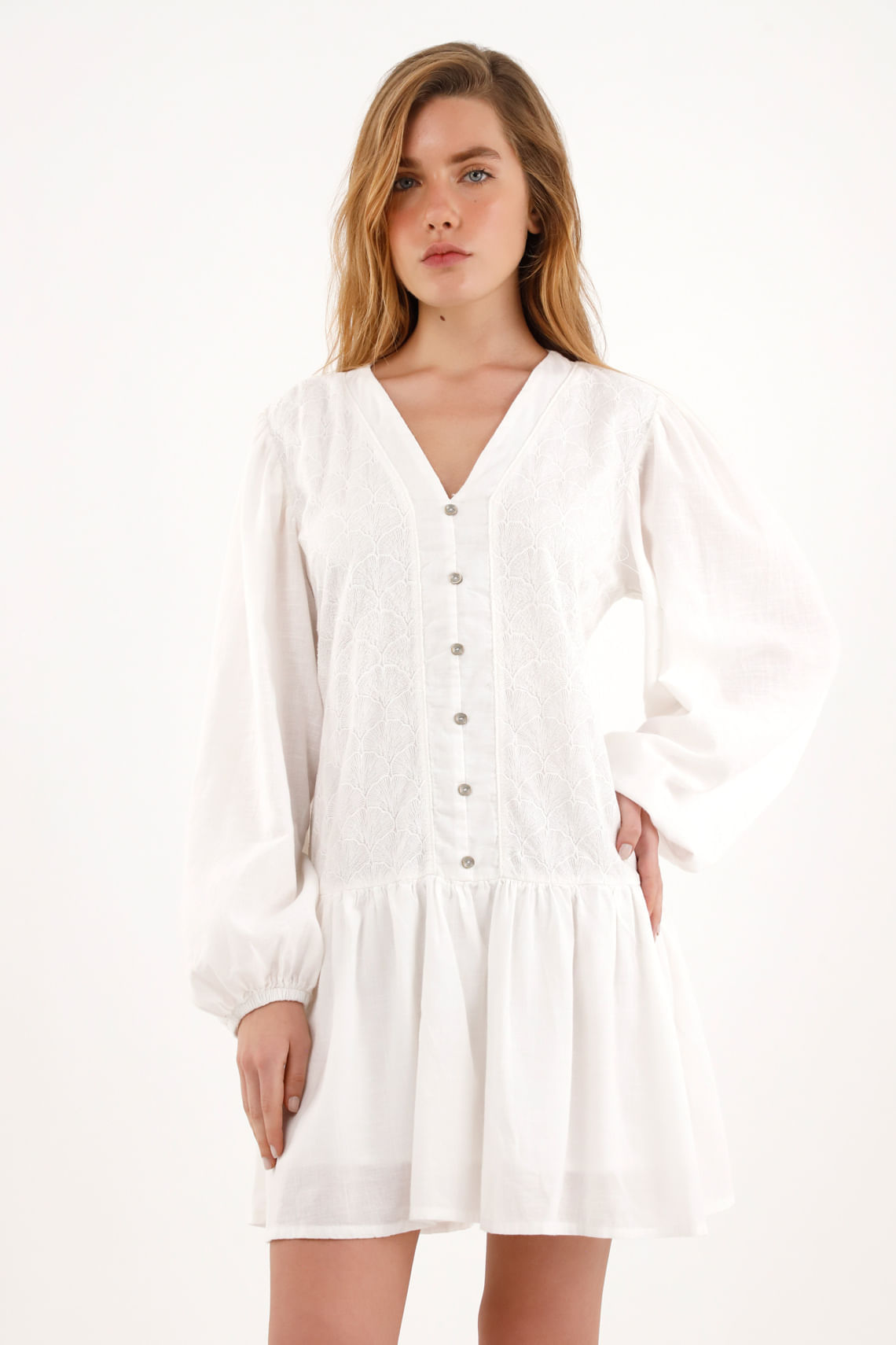 Vestido crudo corto manga larga para mujer