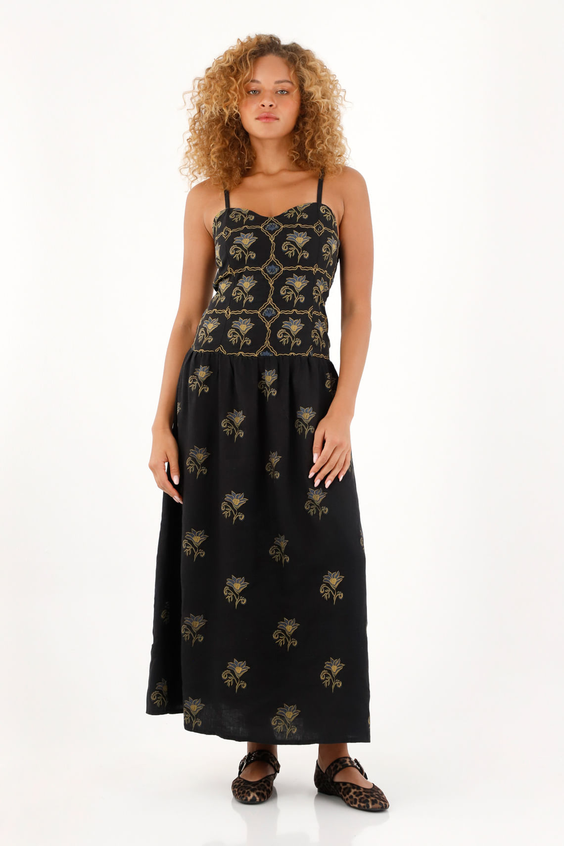 Vestido largo en 100% lino con estampado para mujer