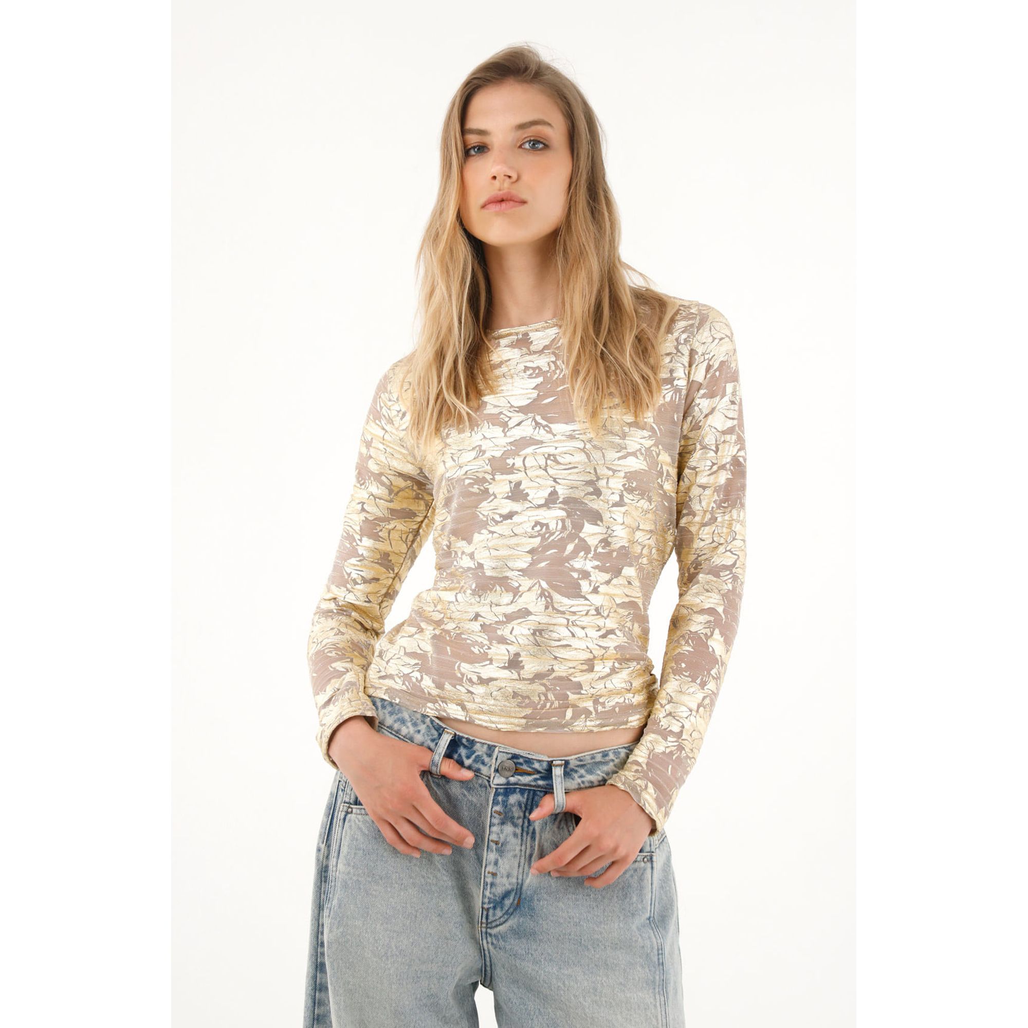 Camiseta con efecto metalizado manga larga para mujer