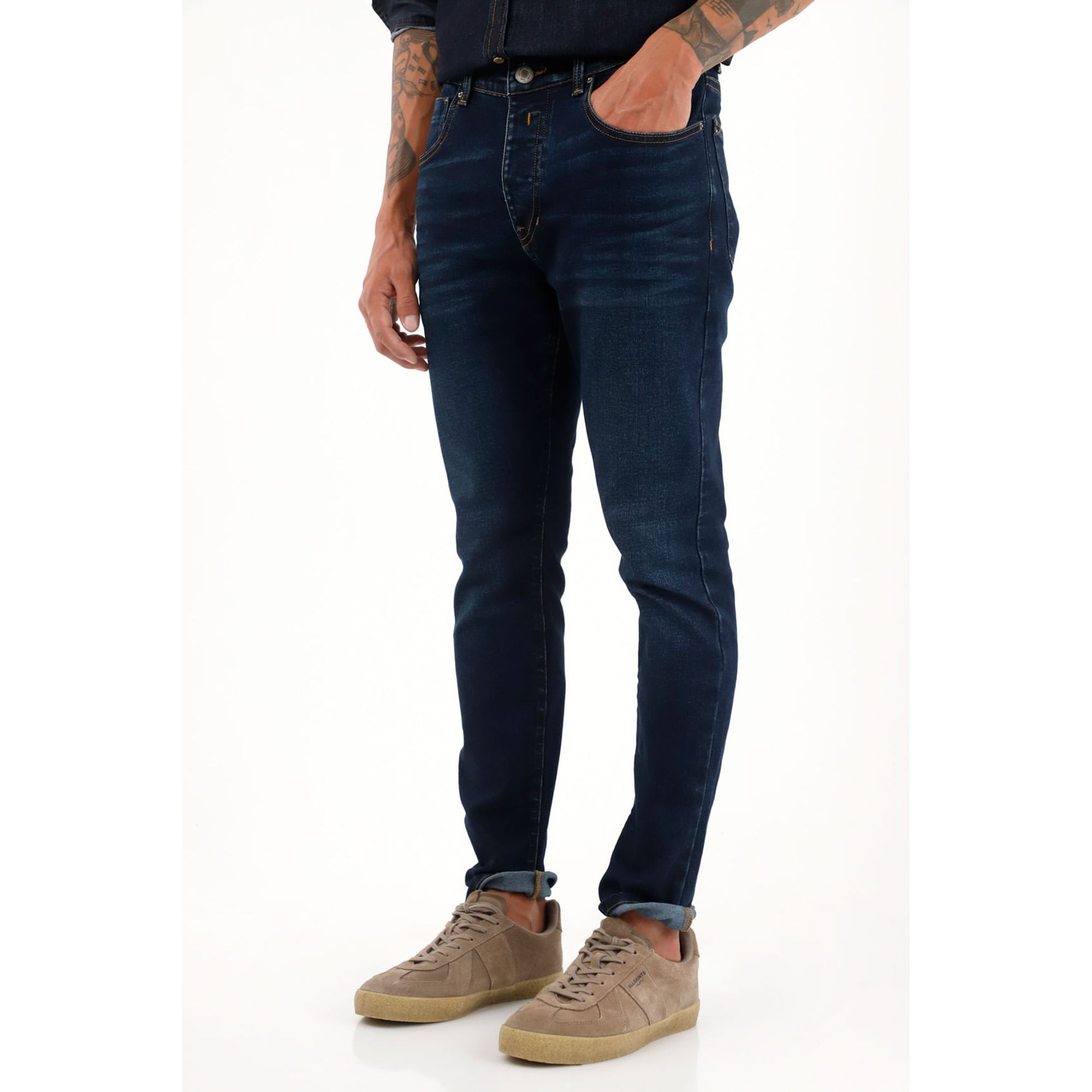 Jean Super Skinny azul oscuro tiro medio para hombre