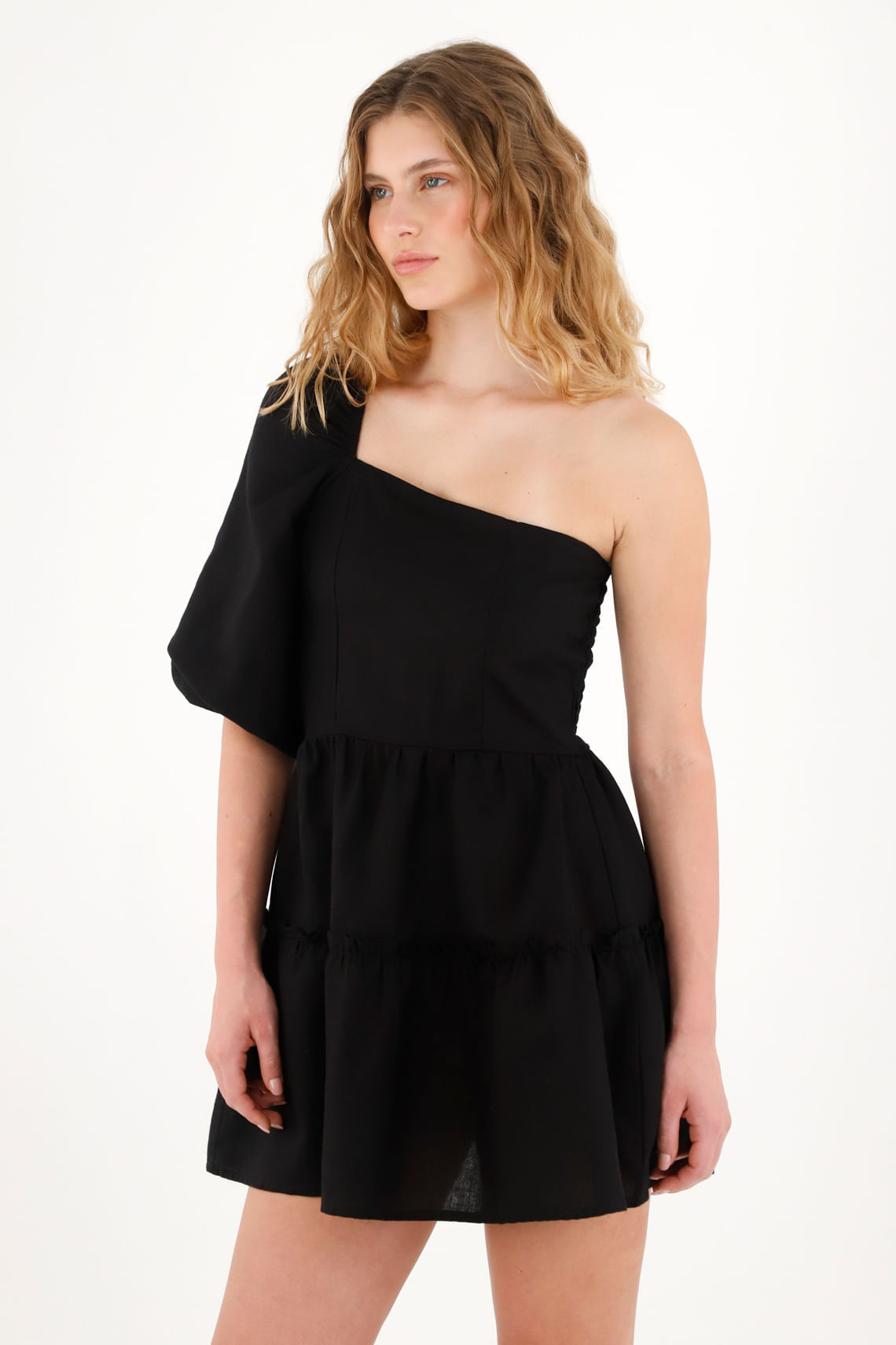 Vestido corto en 100% lino negro para mujer