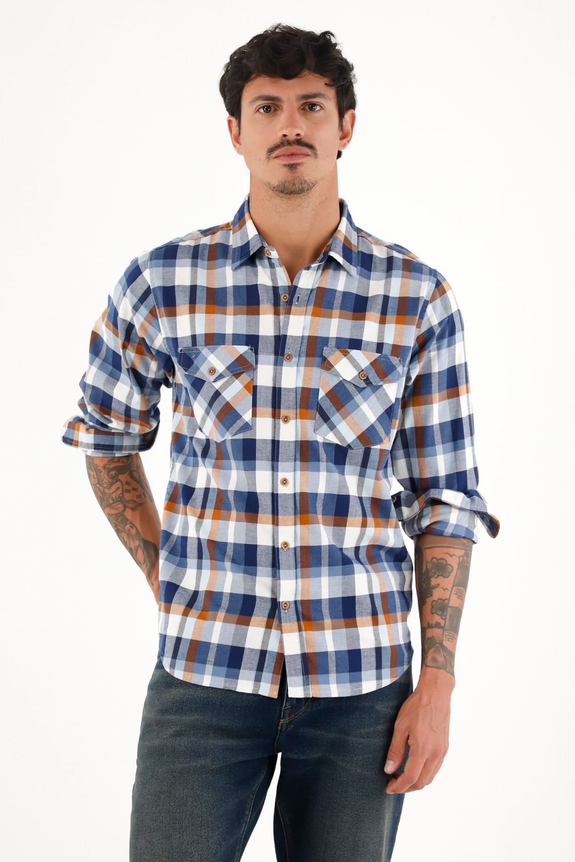 Camisa leñadora con botones en madera azul para hombre