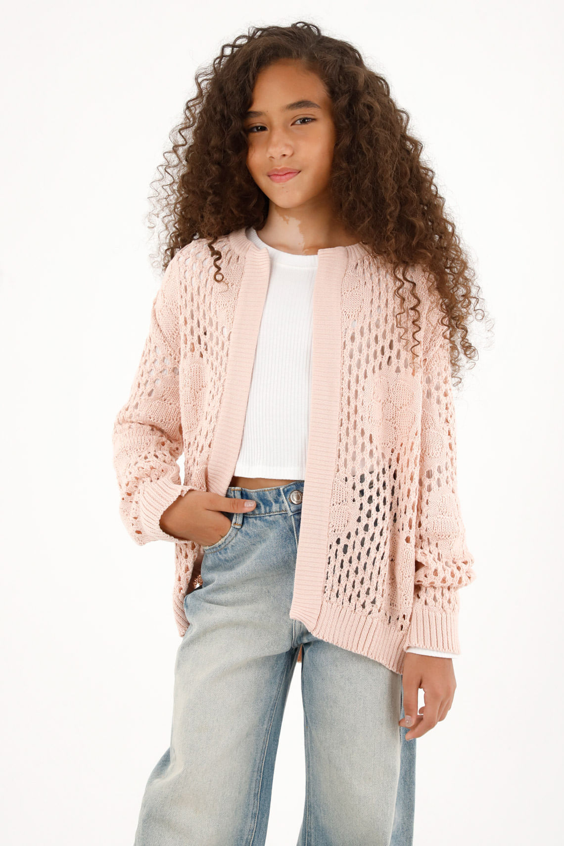 Buzo tejido cuello redondo rosado para niña