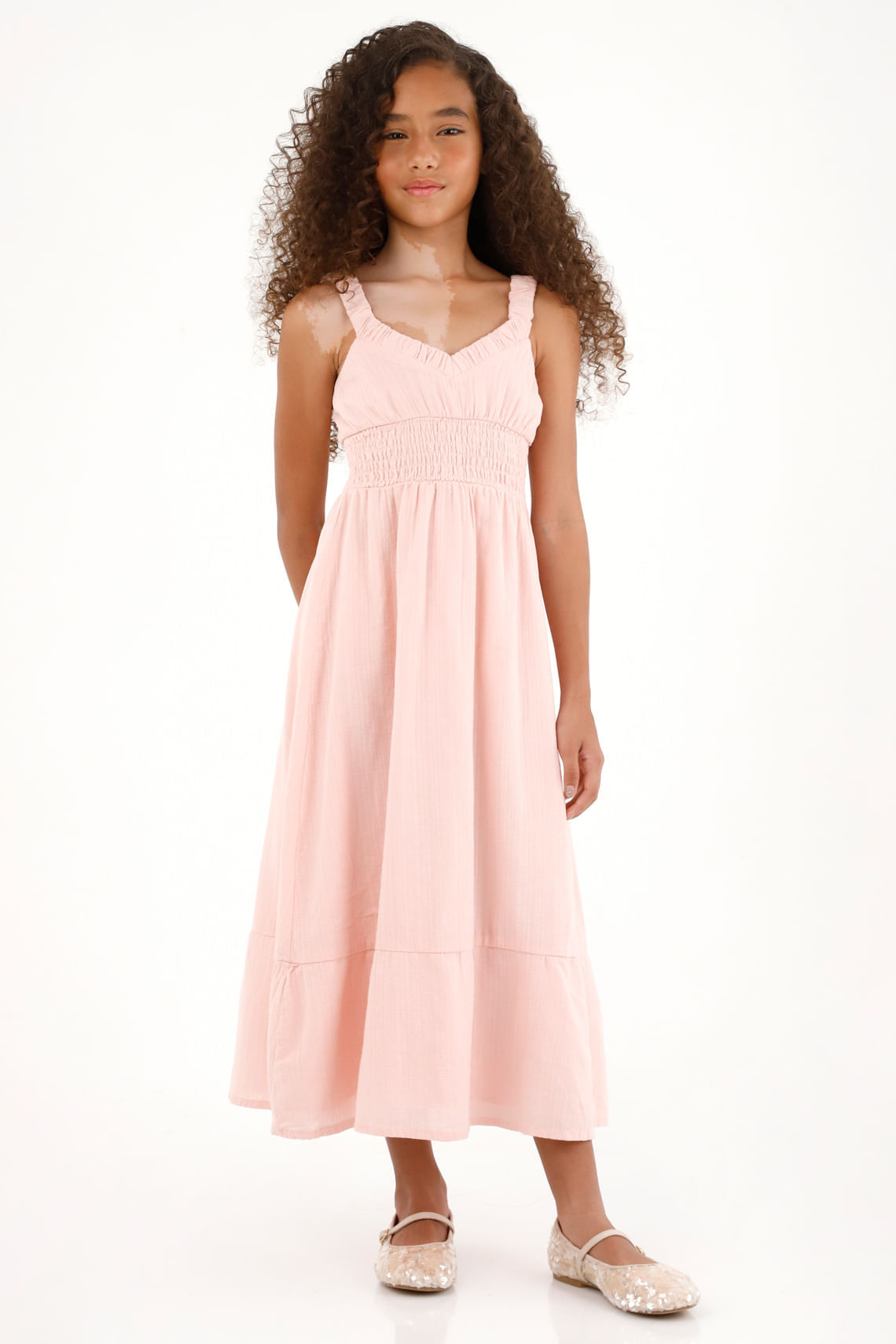 Vestido rosado largo con elástico en la cintura para niña