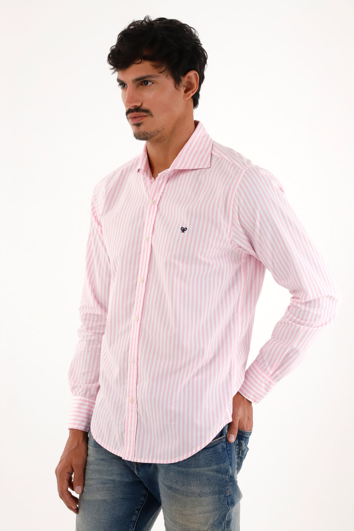 Camisa rosada manga larga con diseño a rayas para hombre