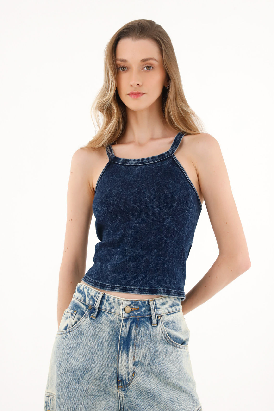 Camiseta crop azul overdye para mujer