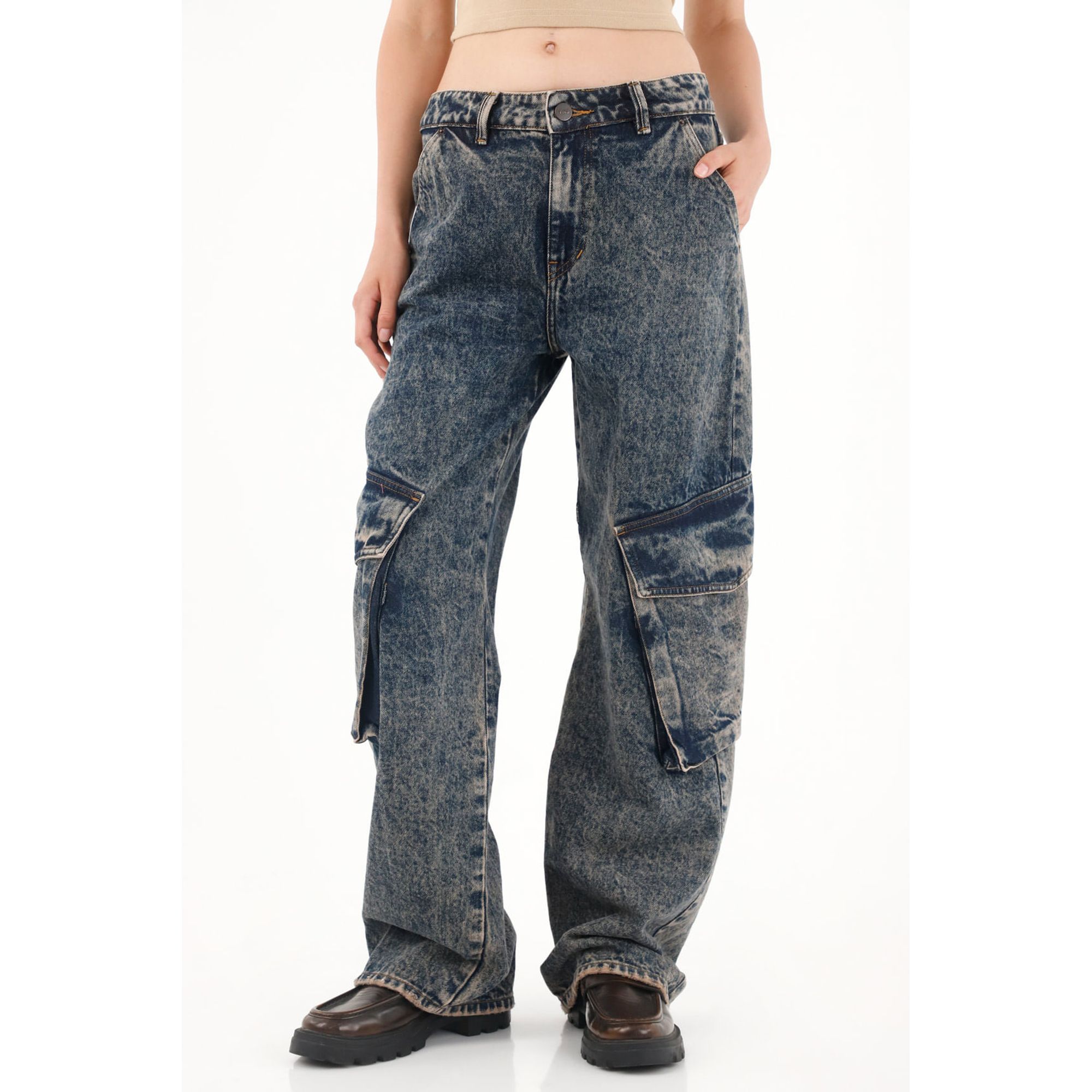 Jean Wide Leg tiro bajo cargo para mujer