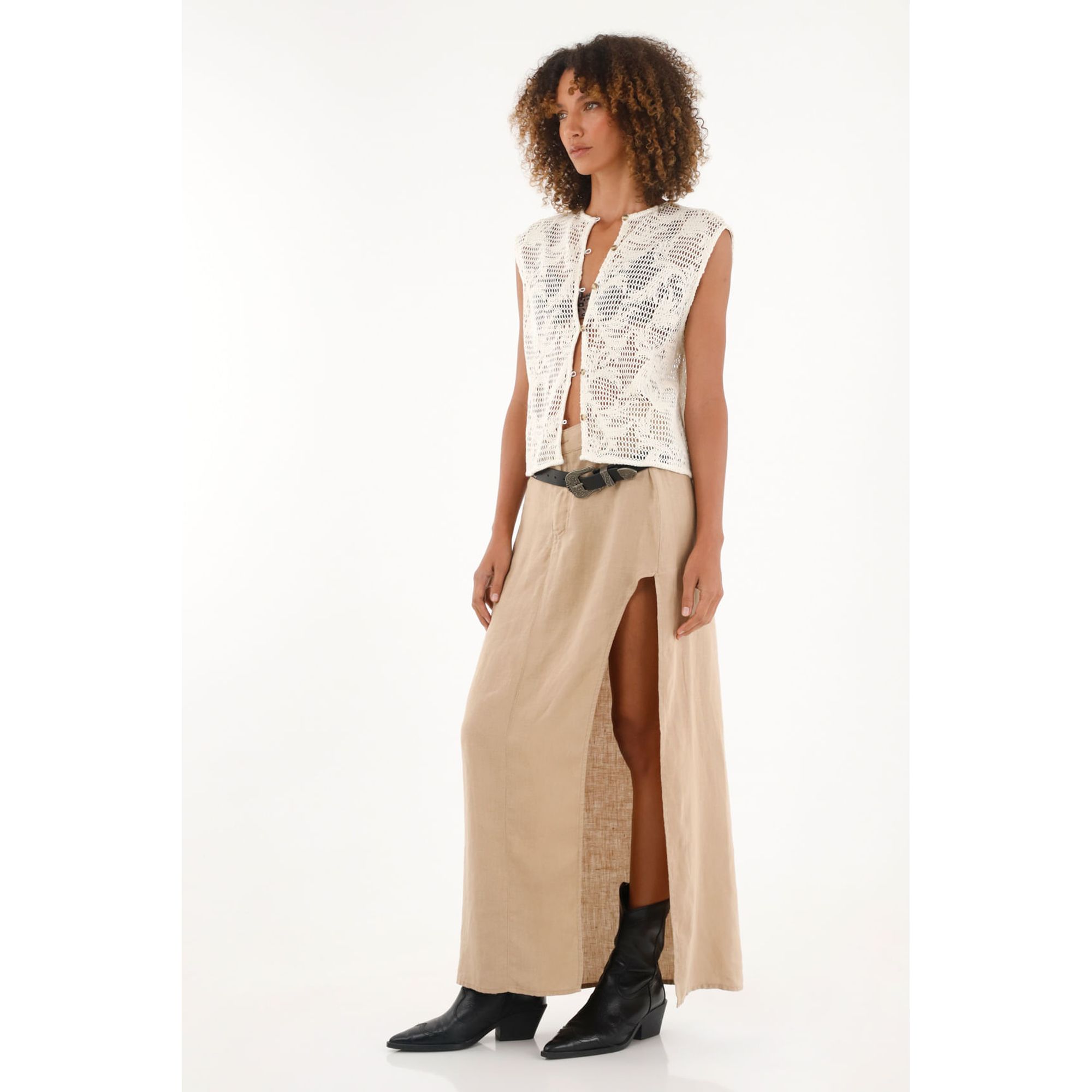 Falda crudo en 100% lino con abertura para mujer