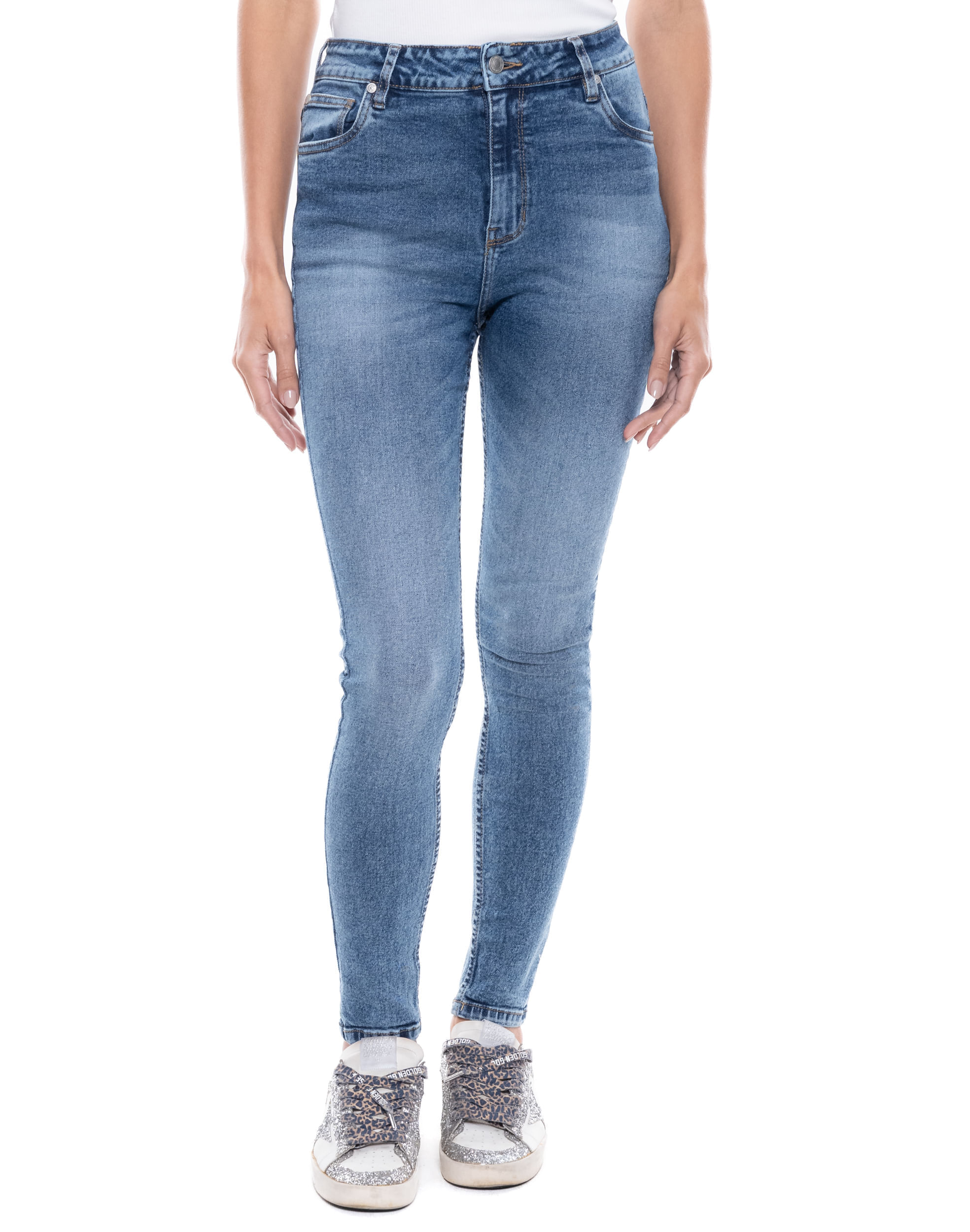High Waist Skinny Fit Jeans Tono Medio