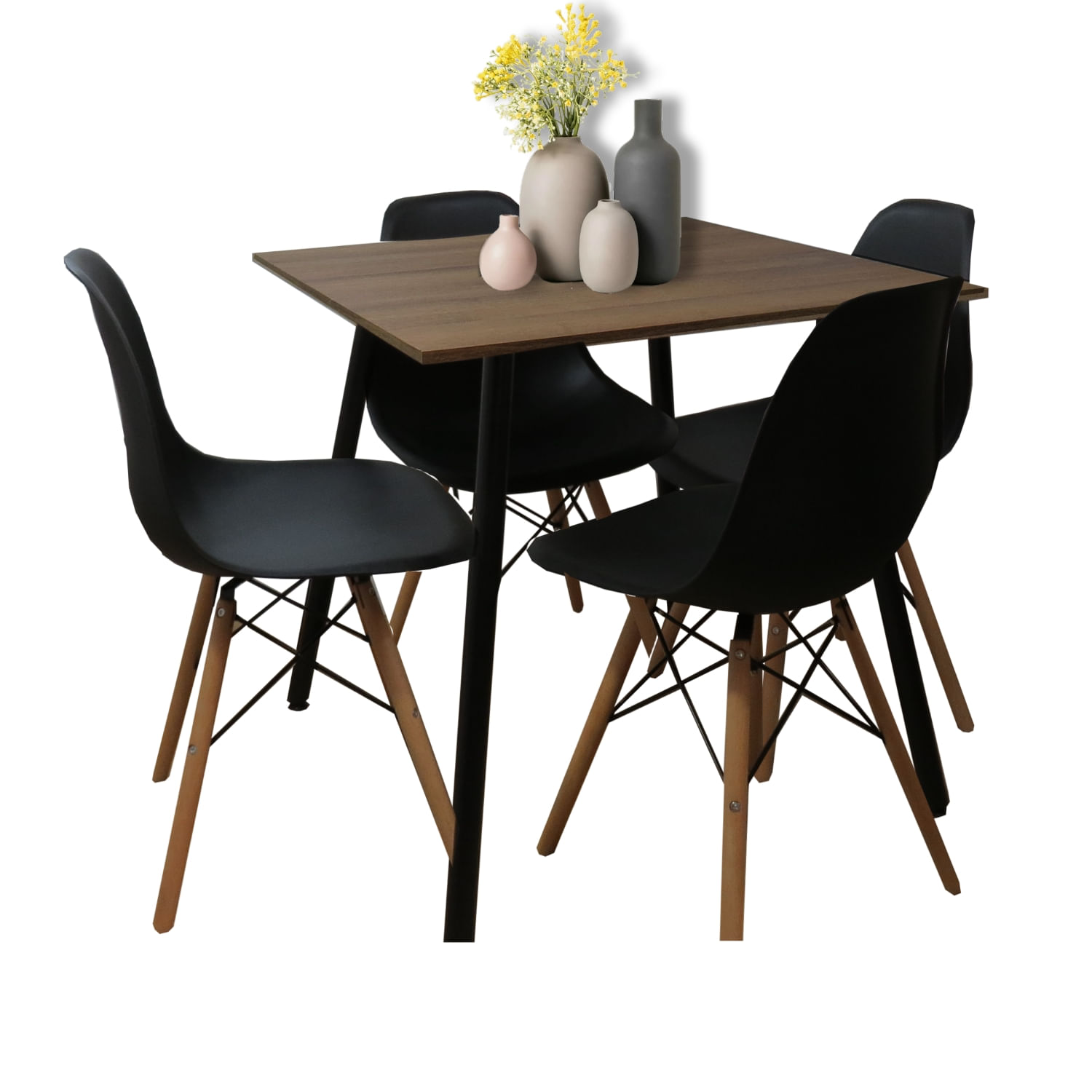 Combo Comedor cuadrado 4p (75x80x80) Amaretto + 4 Sillas negras