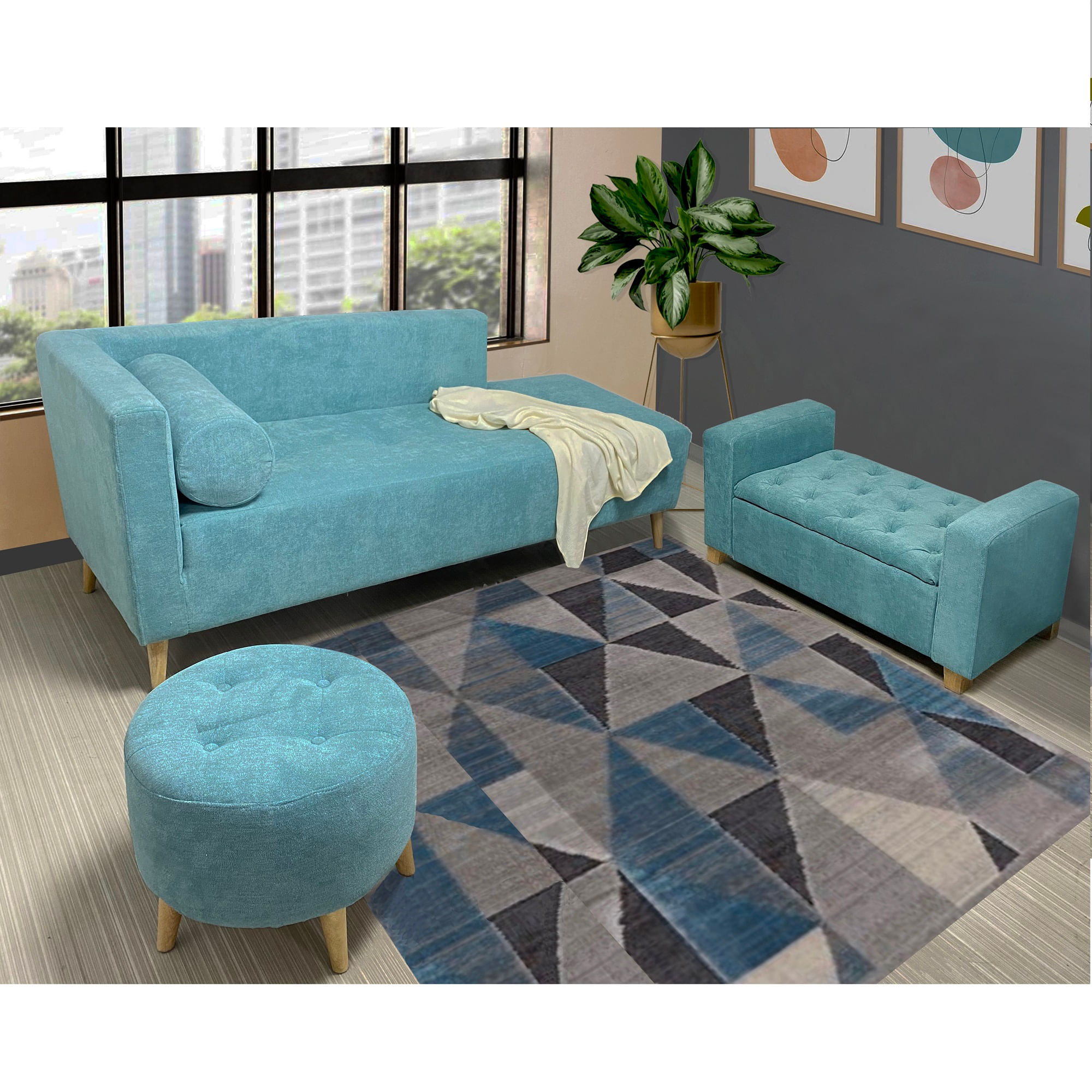 Combo sala Sofá (66x163x64) + Puff + Banqueta Baúl Verde Menta