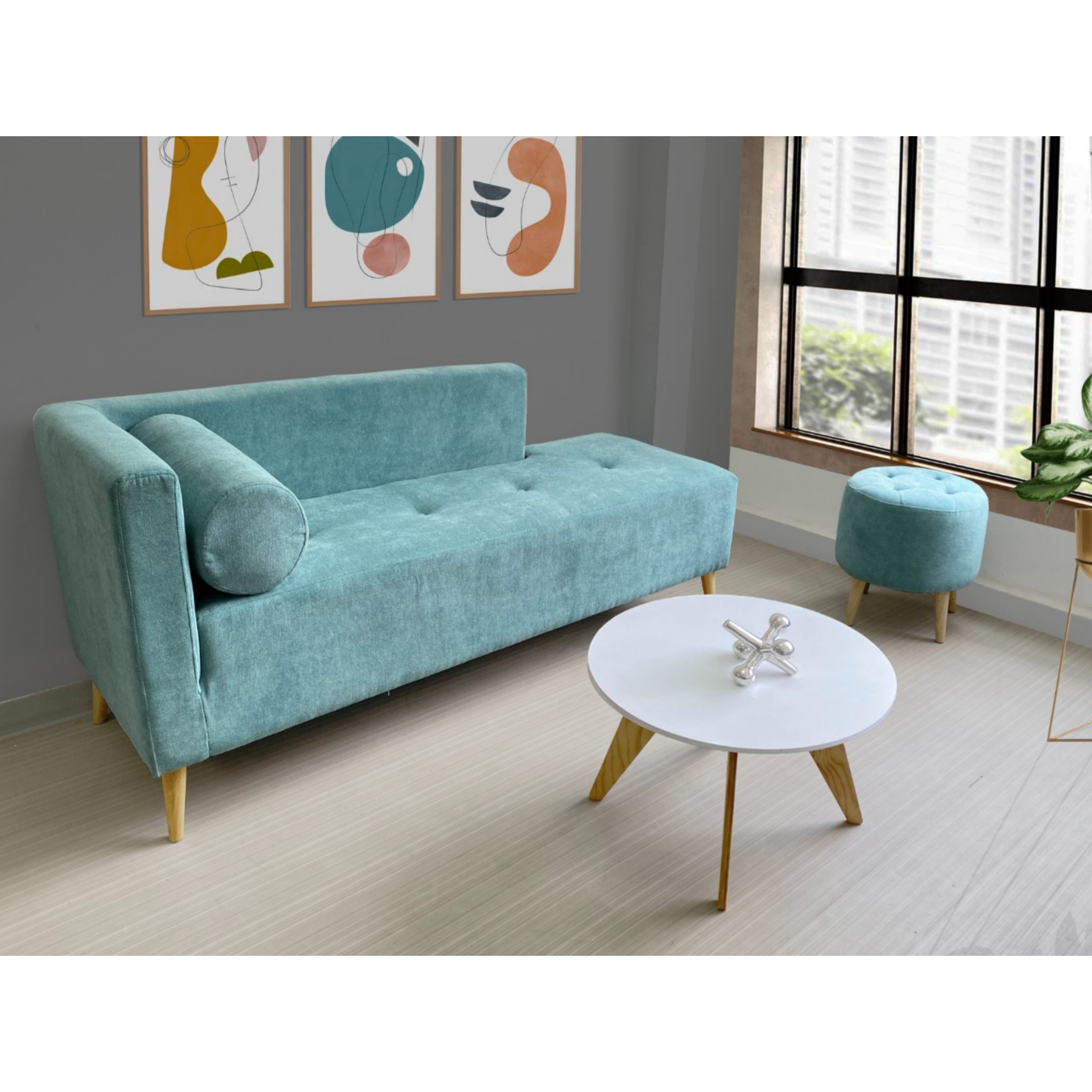 Combo sala Sofá (66x163x64) + Puff Verde Menta + Mesa de Centro