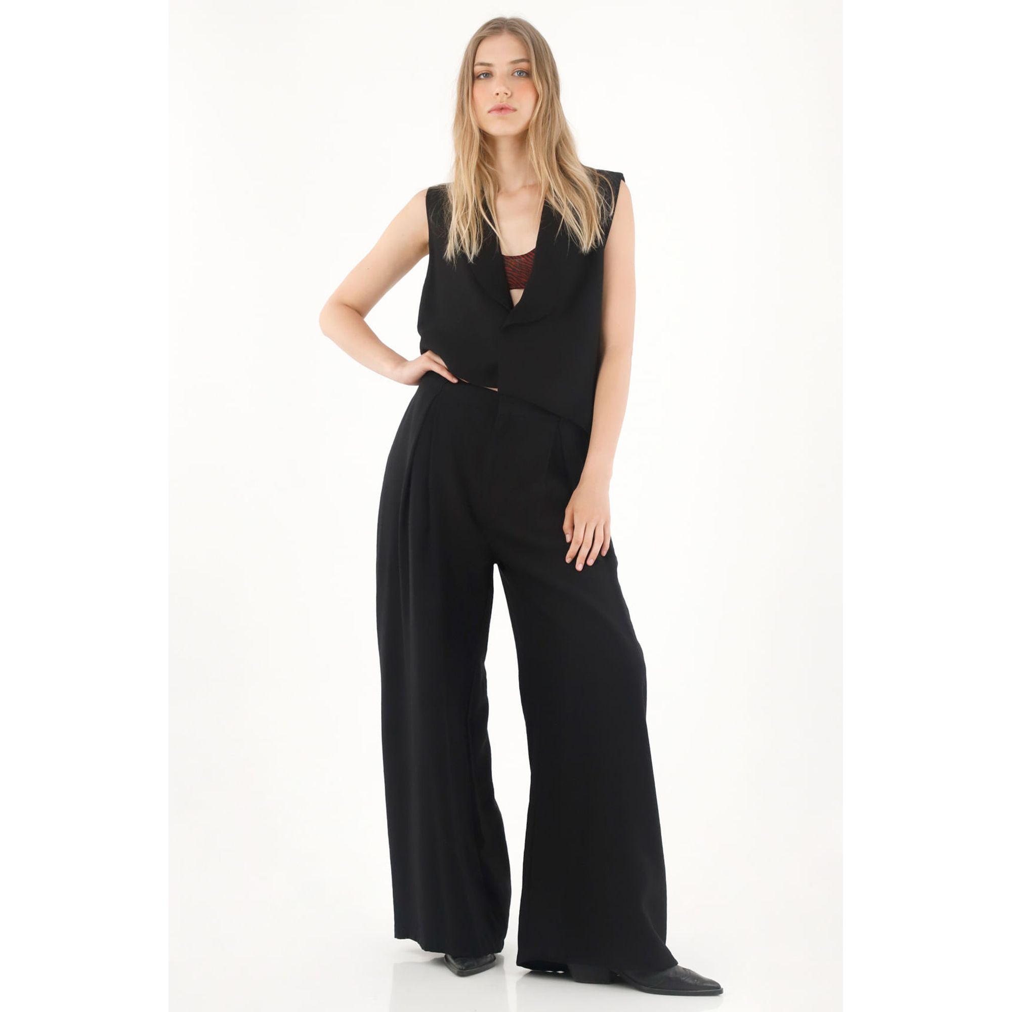Chaleco asimétrico con solapa negro para mujer