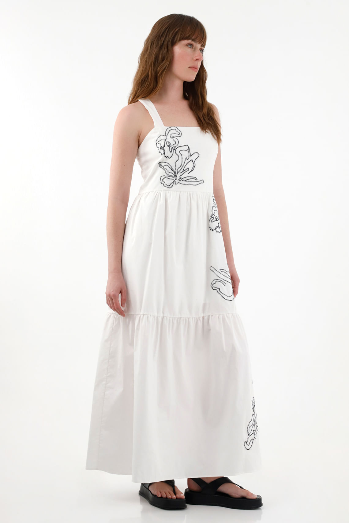 Vestido amplio de tiras con bordado crudo para mujer