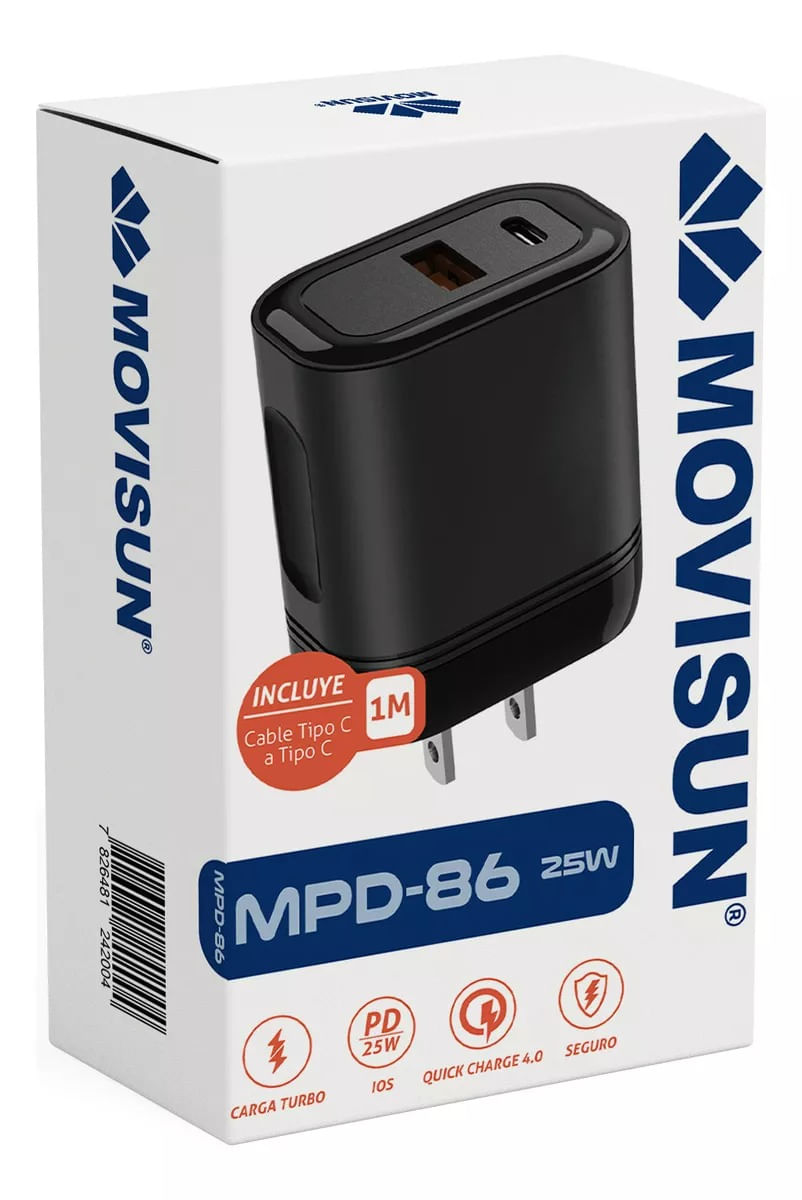 Cargador Movisun MPD-86 USB-C Turbo 25w Con Cable Color Negro