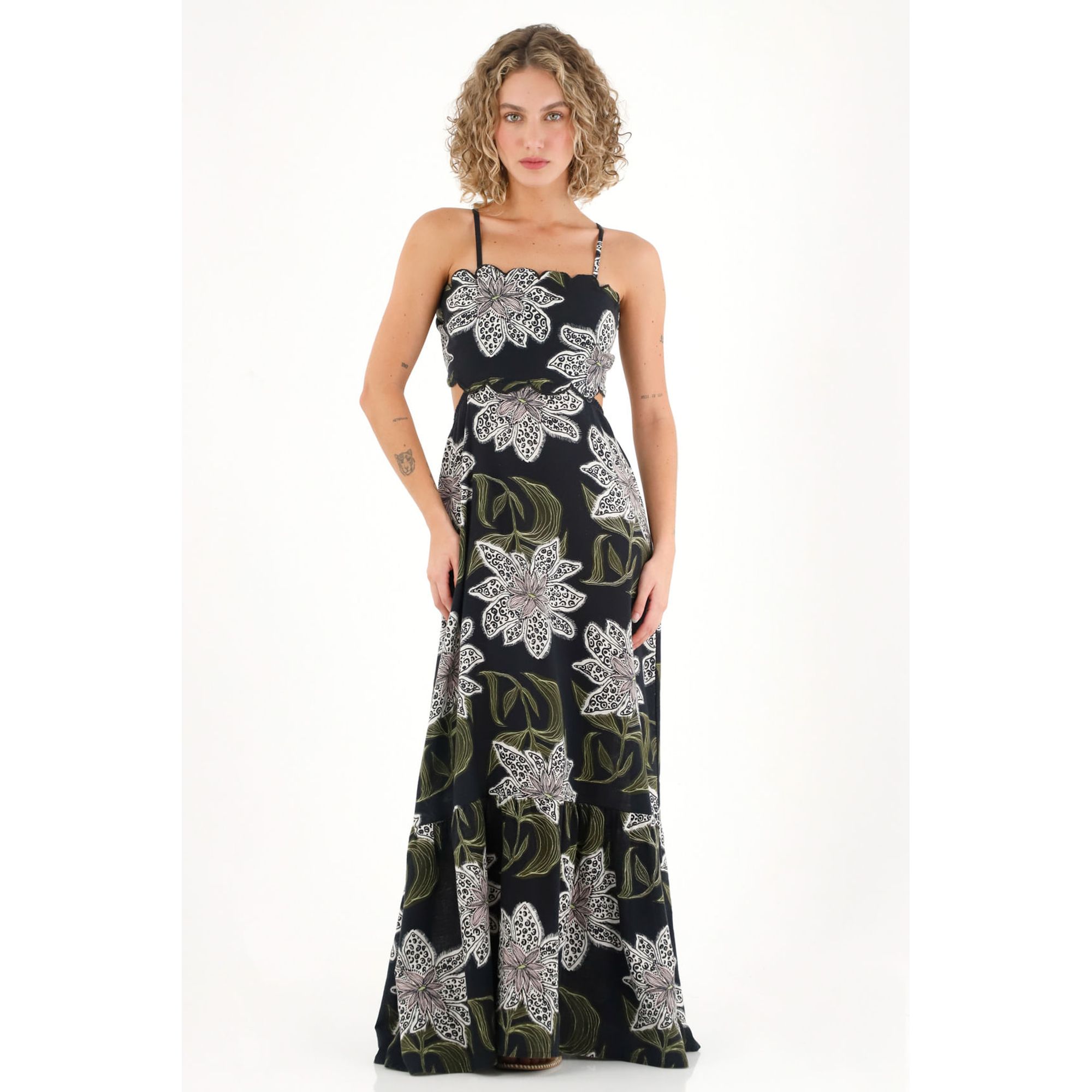 Vestido largo con estampado y cut out en cintura negro para mujer