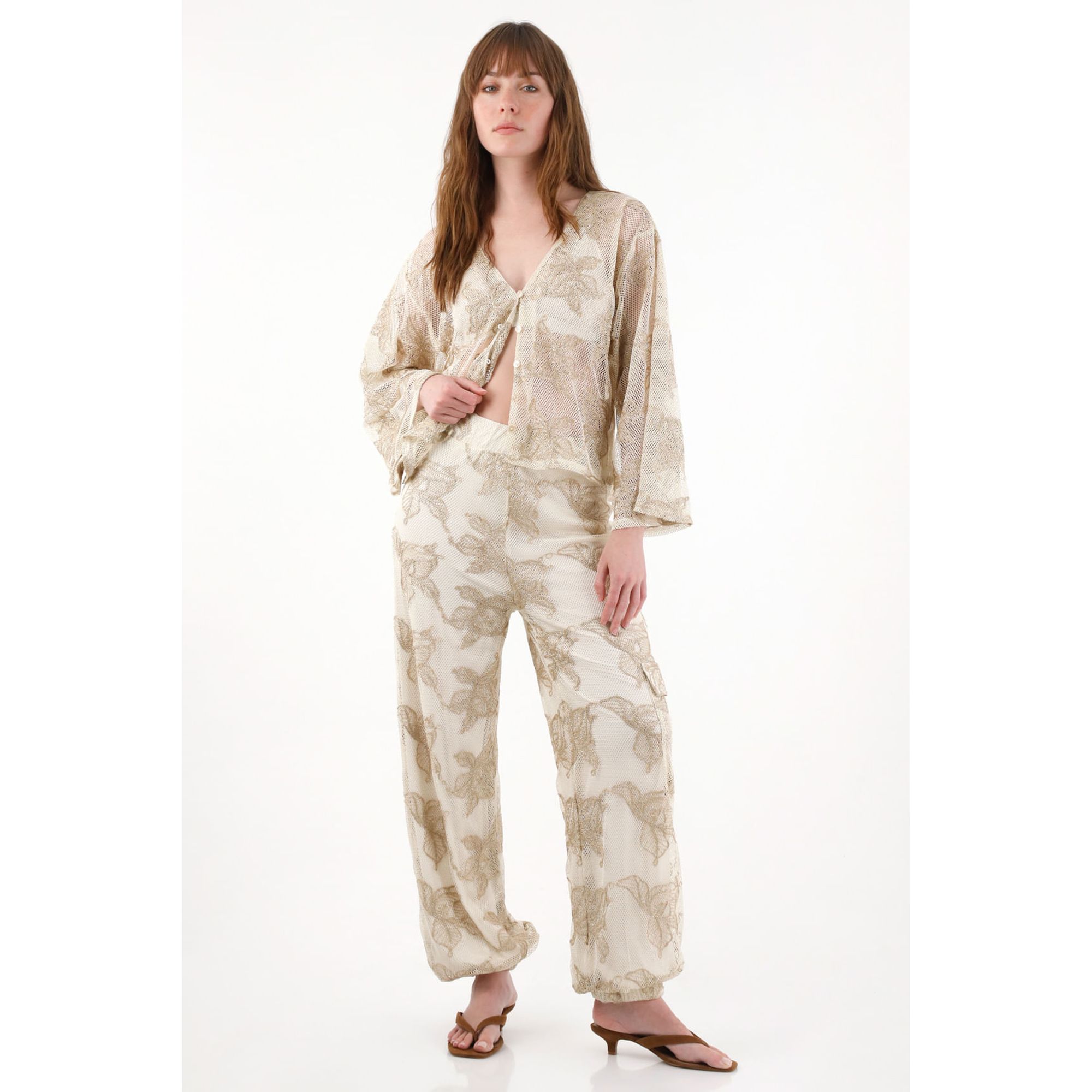 Camisa en malla bordada cruda para mujer
