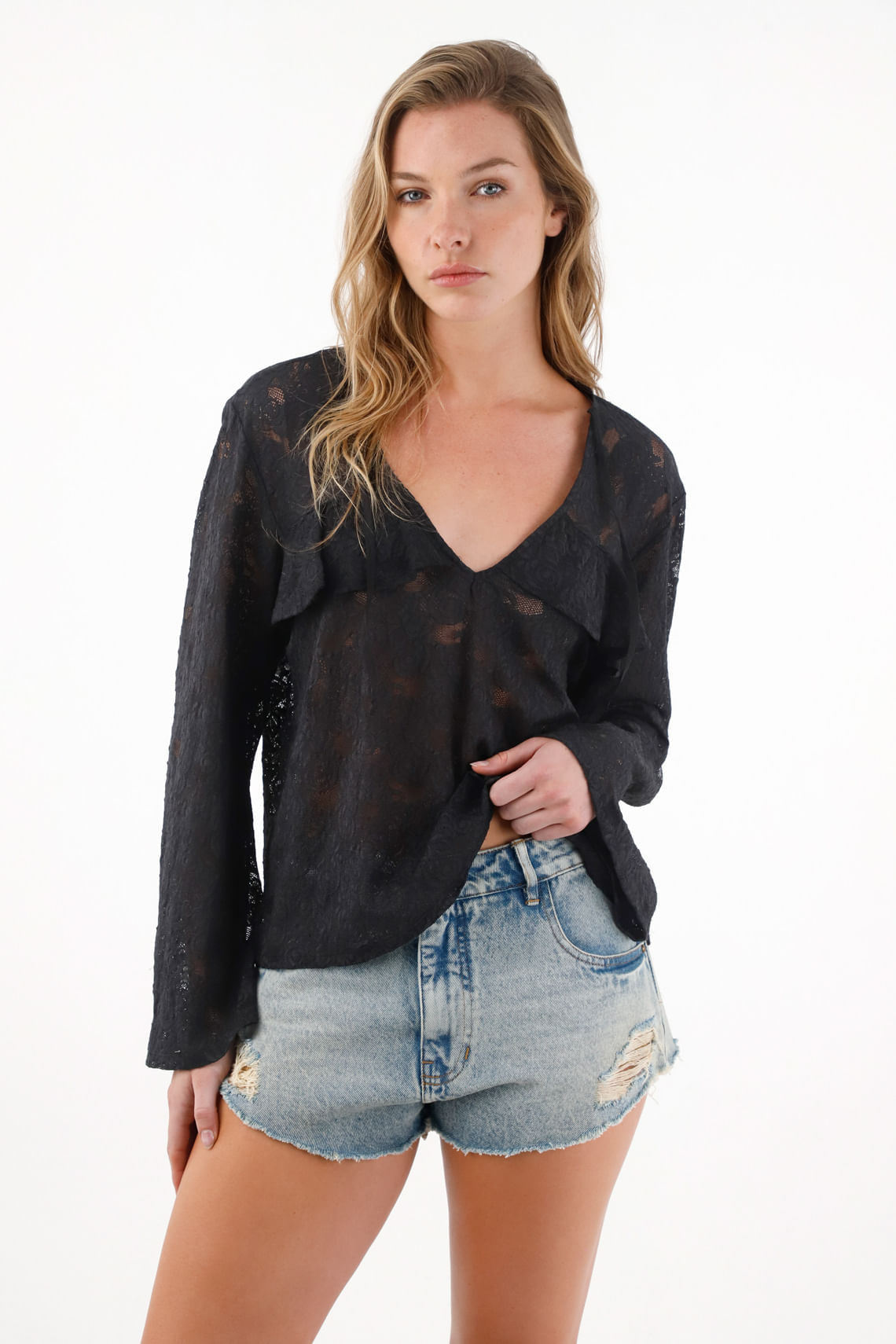 Camisa en encaje con boleros negra para mujer