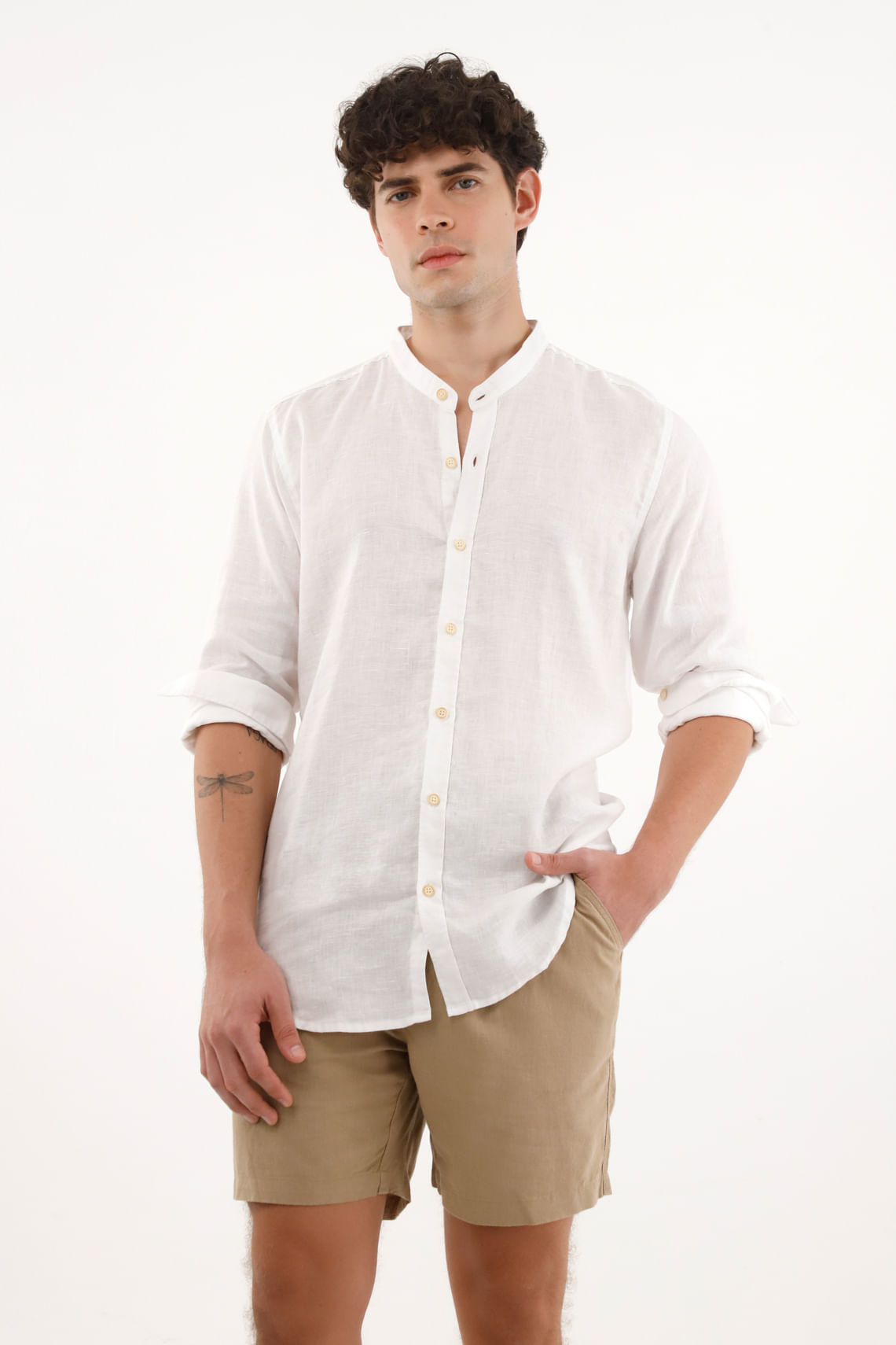 Camisa cuello neru blanca en 100% lino para hombre