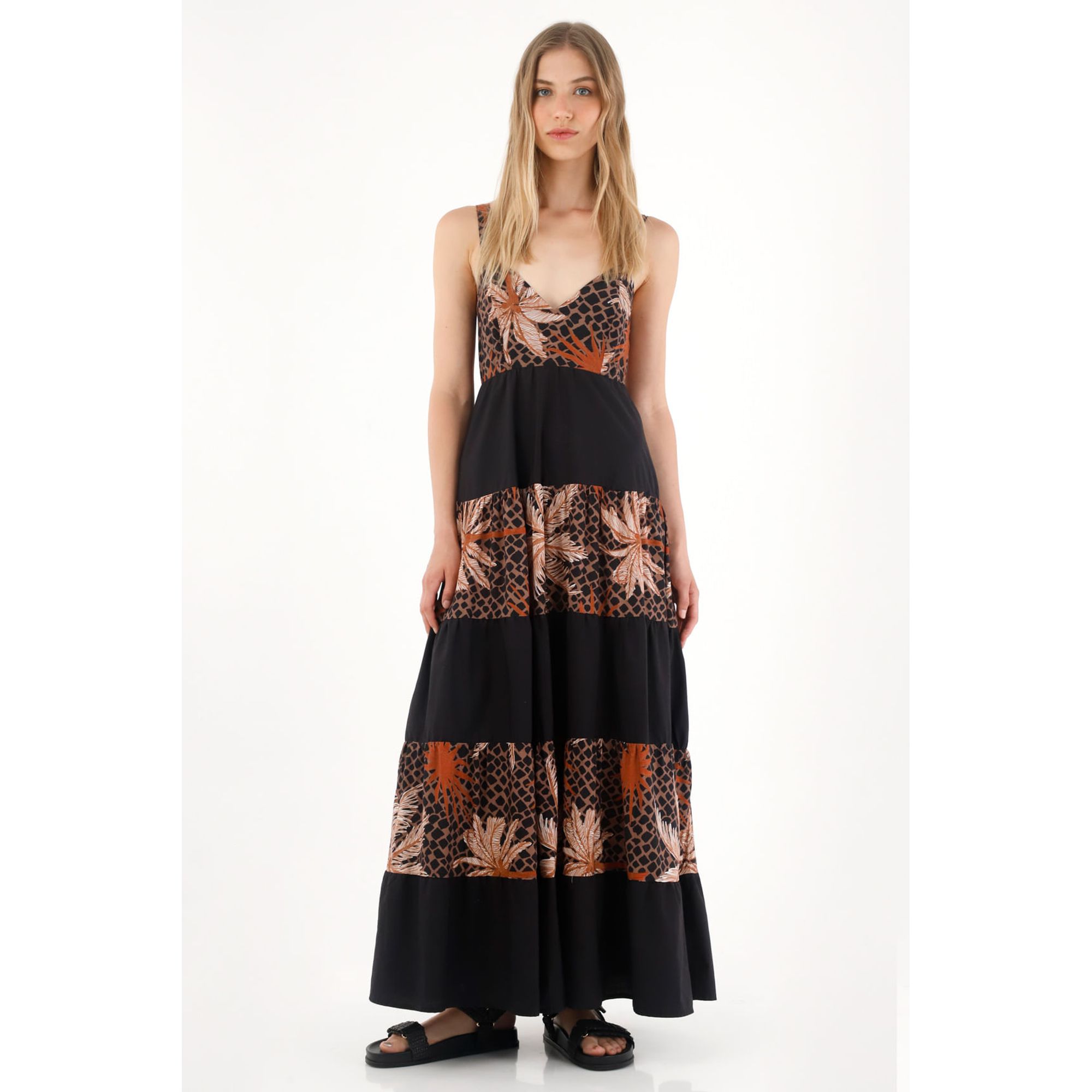 Vestido largo de franjas estampadas negro para mujer